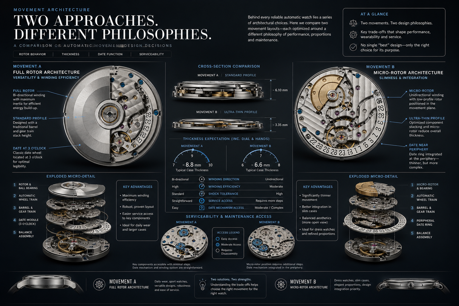 AP Royal Oak super clone movement-route comparison showing clone 3120 and clone 4302 decision points such as rotor behavior, thickness expectations, date function, and serviceability