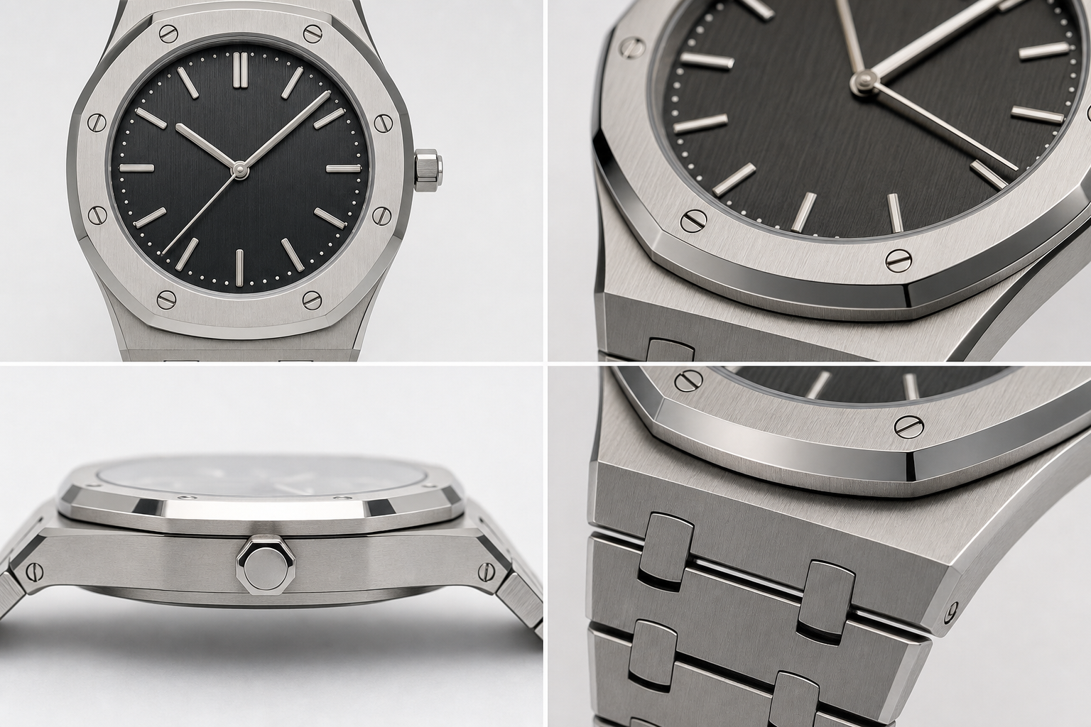 AP Royal Oak replica QC photo angles showing dial alignment, bezel screw positioning, side profile thickness, and bracelet integration