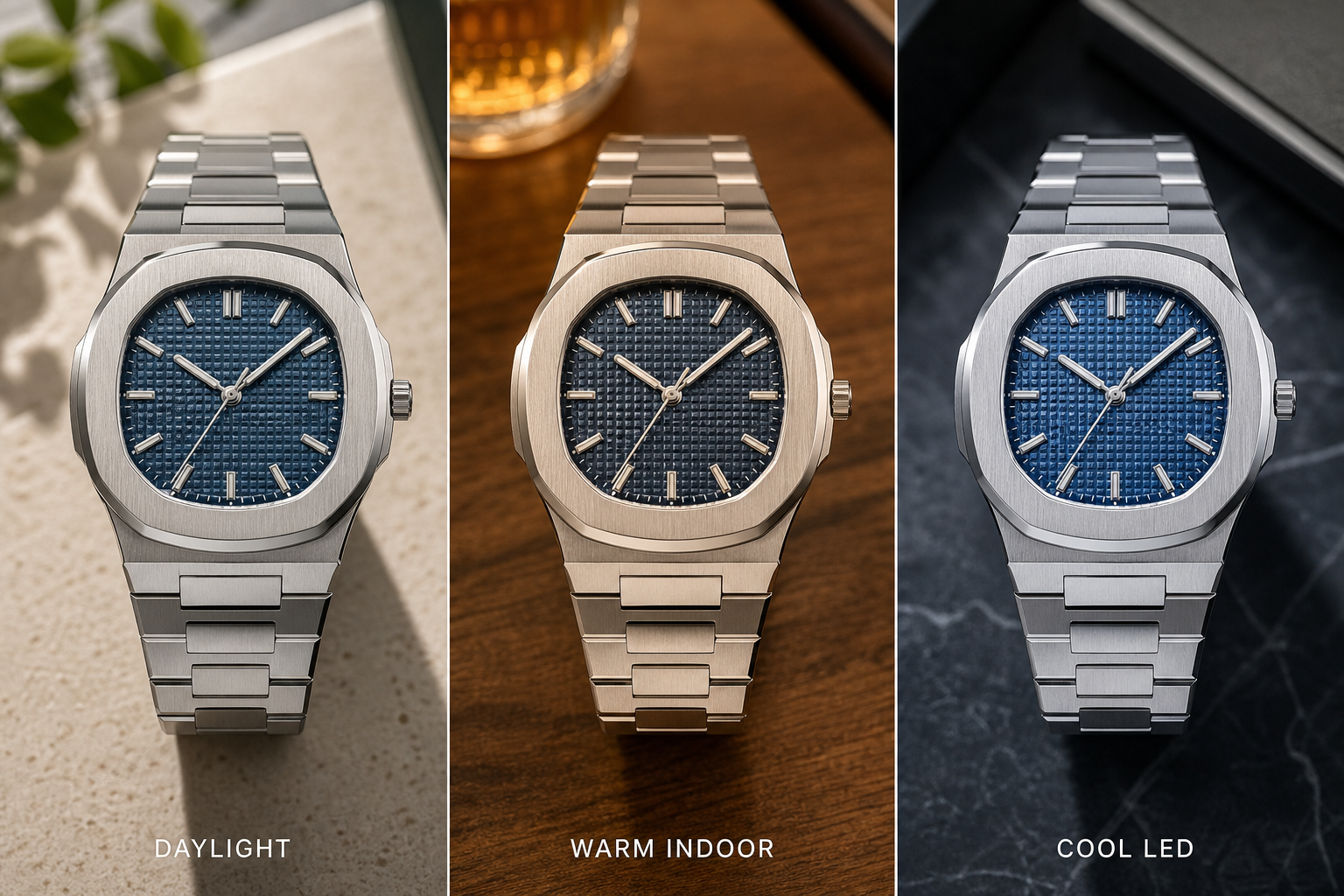 blue Audemars Piguet Royal Oak super clone dial shown under daylight, indoor lighting, and cool LED lighting to demonstrate color shift