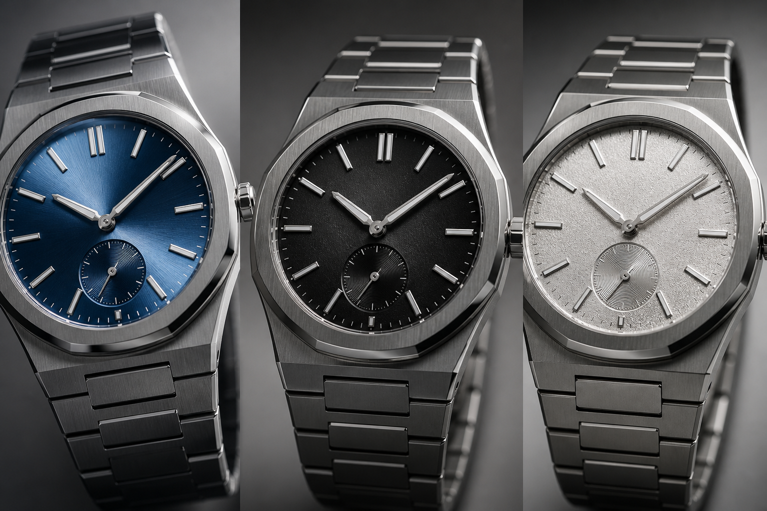 side-by-side comparison of blue, black, and silver AP Royal Oak super clone dials showing how texture and lighting affect each color differently