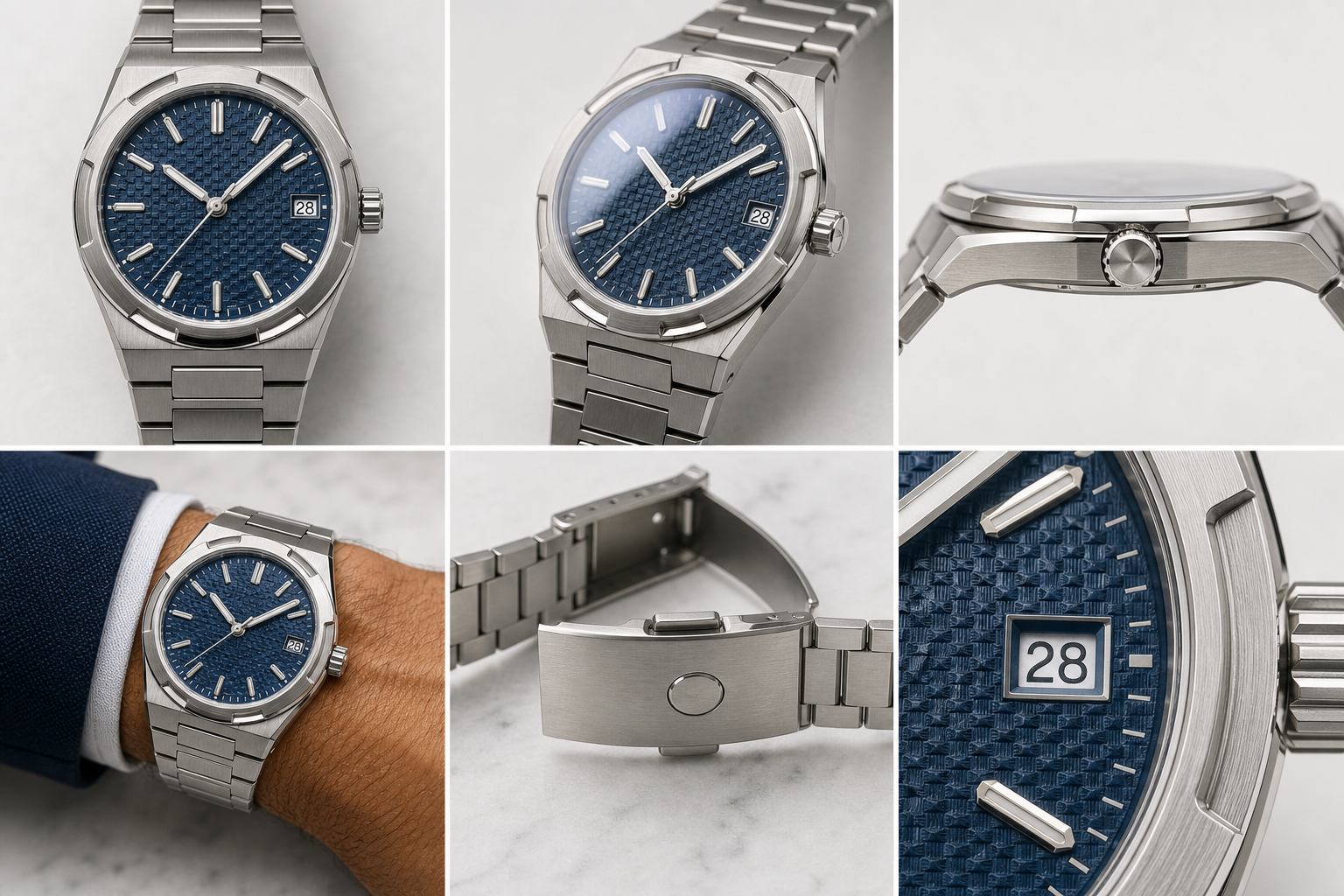 QC photo layout for a blue AP Royal Oak super clone showing straight dial view, angled light view, side profile, bracelet fit, clasp, and date window alignment