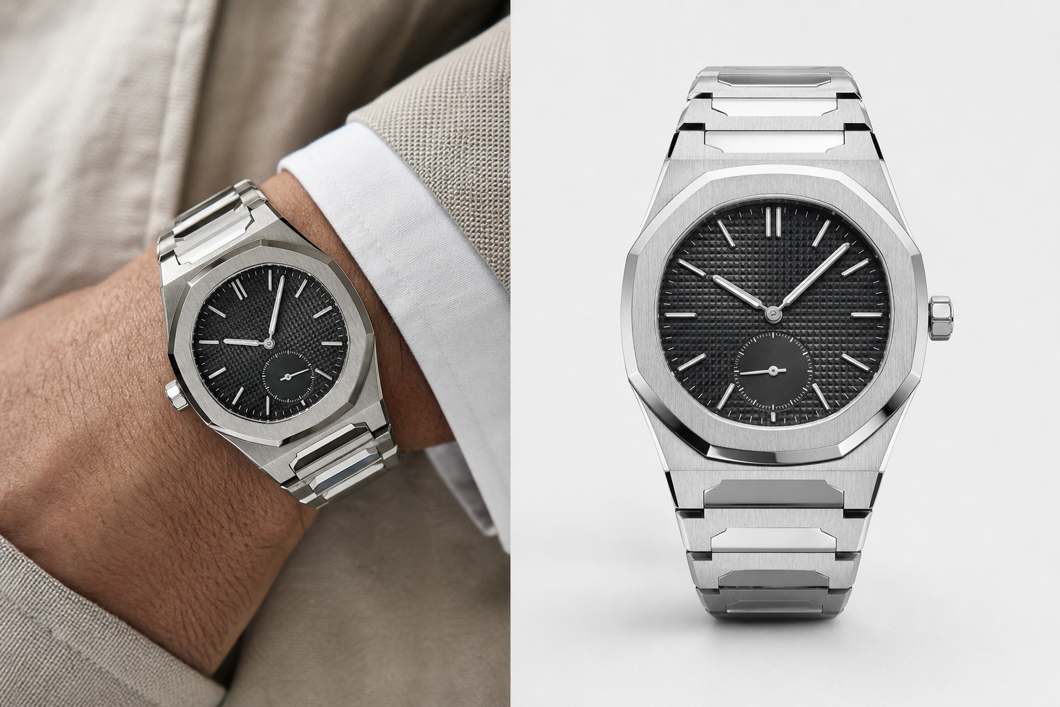 side-by-side style view of Audemars Piguet-inspired replica watch wrist presence showing octagonal bezel shape, integrated bracelet outline, and case silhouette under neutral lighting