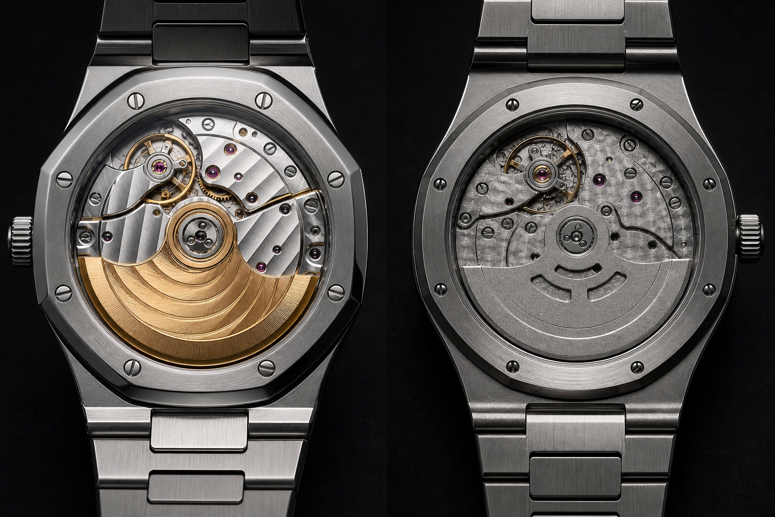 movement-side comparison concept showing rotor, bridge decoration, and display-back finishing differences on an AP-style super clone watch