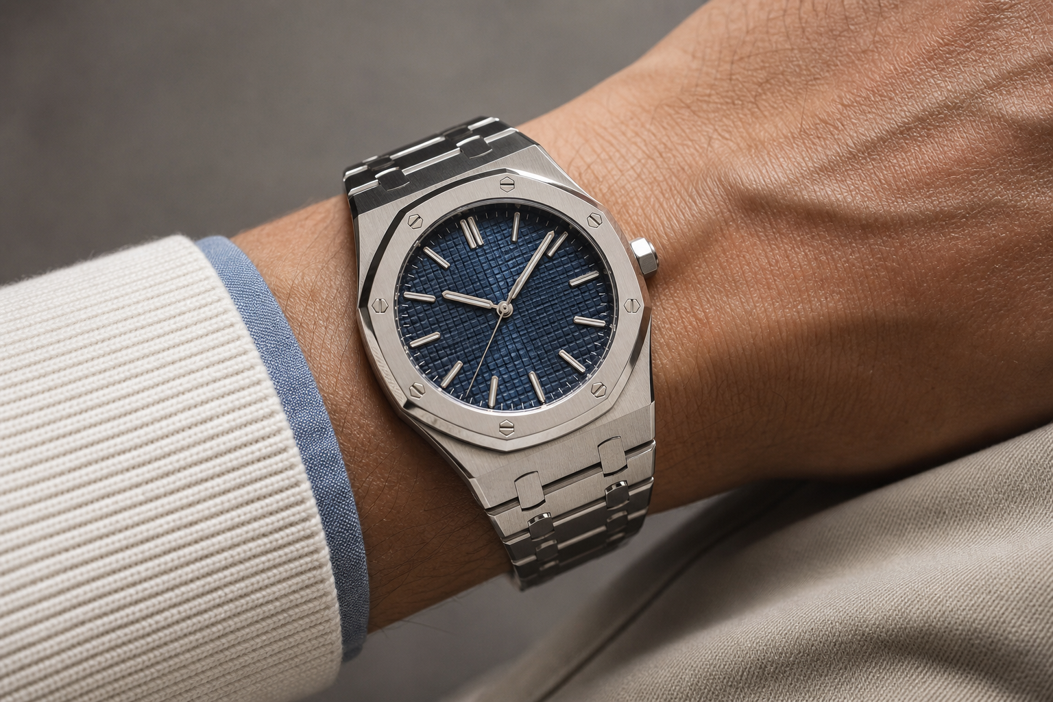 AP-style super clone watch on wrist showing octagonal bezel, integrated bracelet, and strong visual presence under neutral lighting