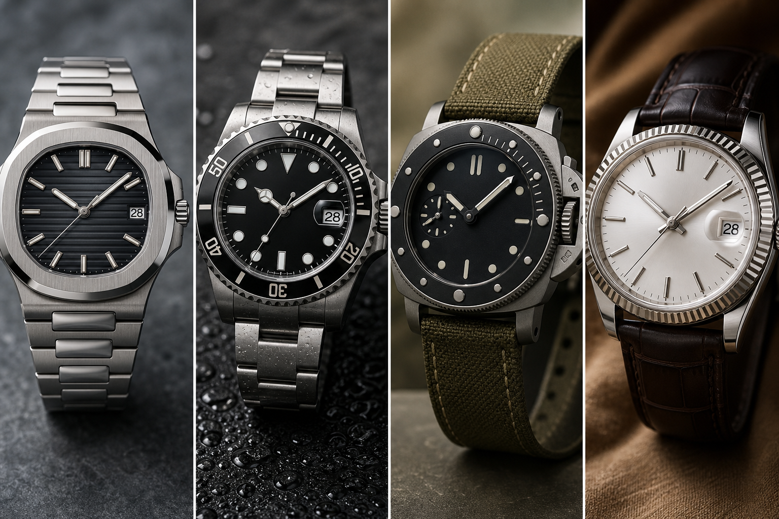 side-by-side layout of AP-style, Submariner-style, Seamaster-style, and Datejust-style replica watches showing differences in case shape and daily-wear presence