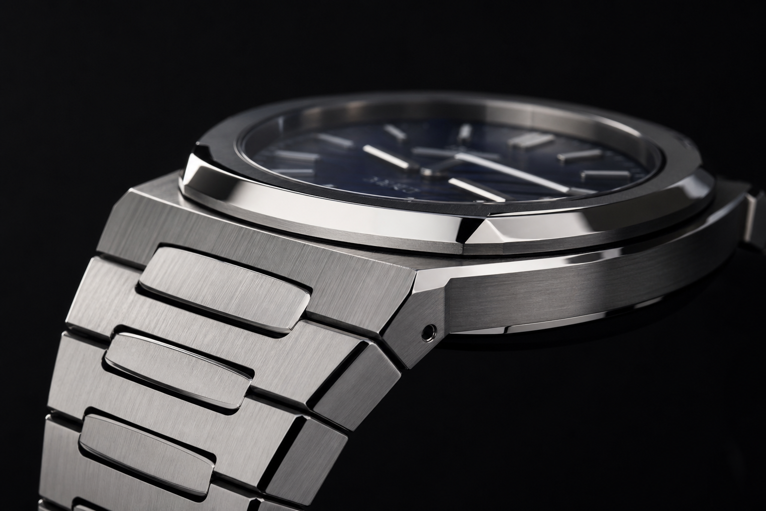 side profile and bracelet close-up of an AP-style super clone showing case thickness, brushed surfaces, polished bevels, and integrated bracelet fit