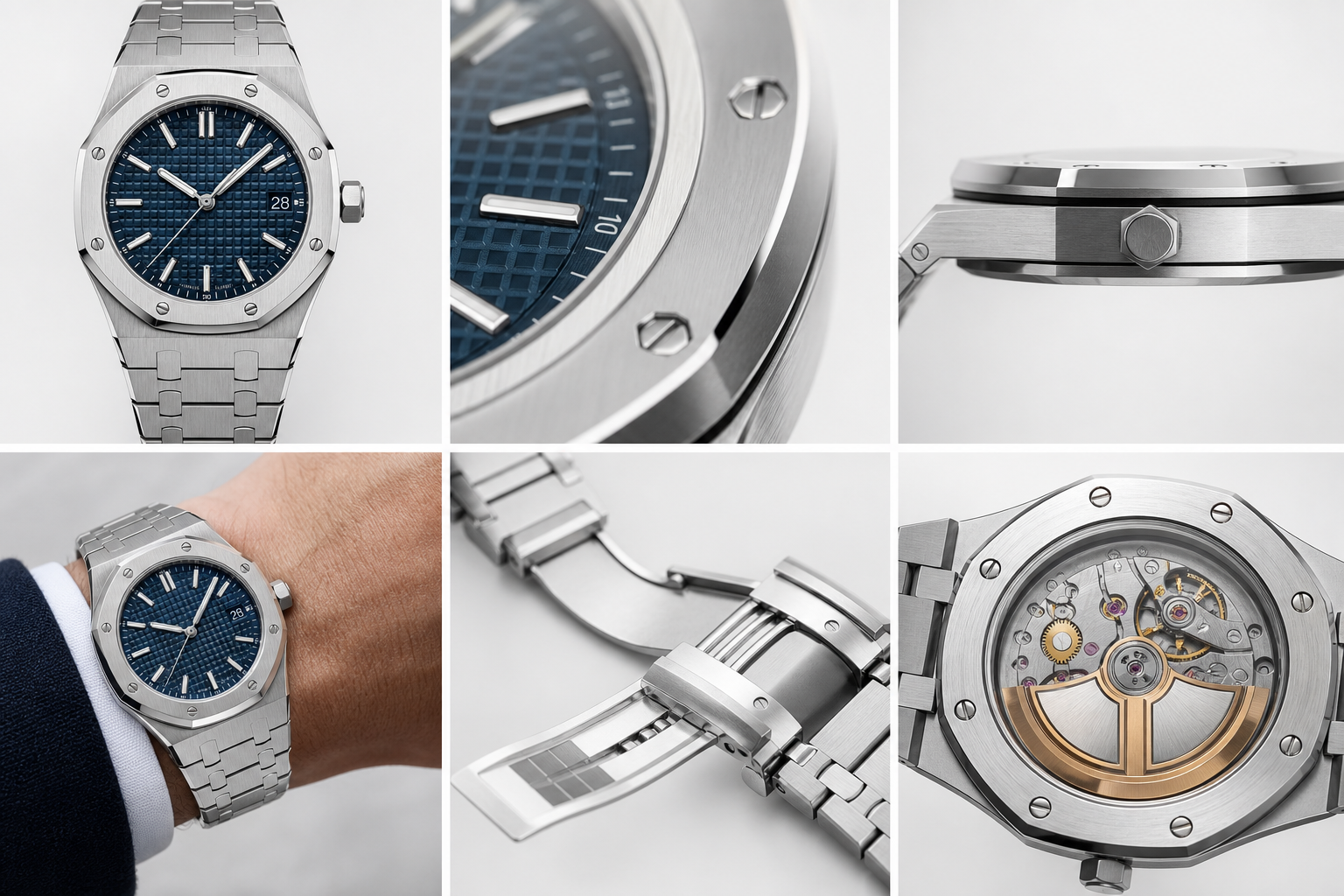 QC photo layout for an AP-style super clone showing front dial, bezel screws, case side profile, bracelet fit, clasp, and movement view