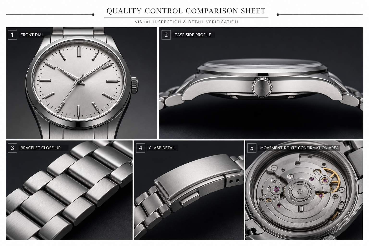 QC photo comparison layout for an AP super clone showing front dial, case side, bracelet, clasp, and movement-route confirmation areas