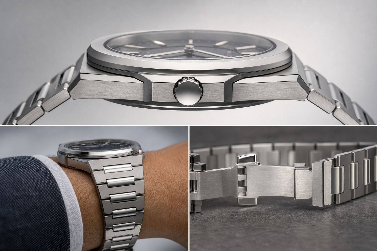 side profile and bracelet fit view of an AP super clone showing case thickness, bezel height, integrated bracelet alignment, and clasp finishing