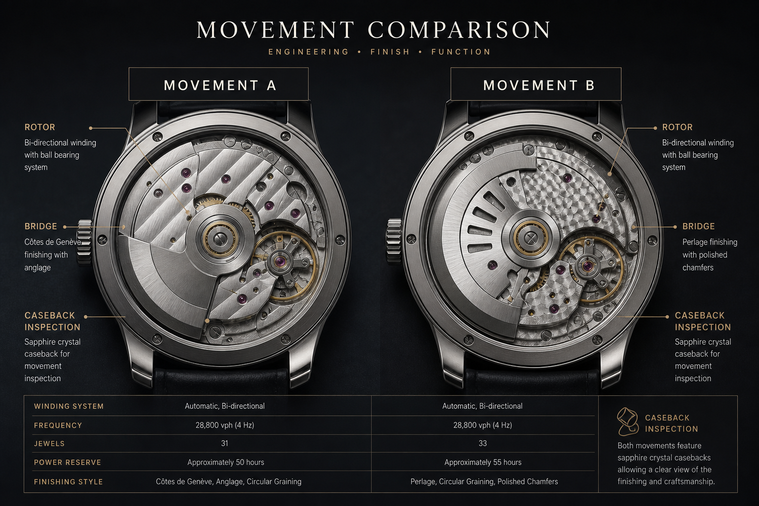 AP replica movement comparison layout showing SH4302 and DD4302-style route labels with rotor, bridge, and caseback inspection points