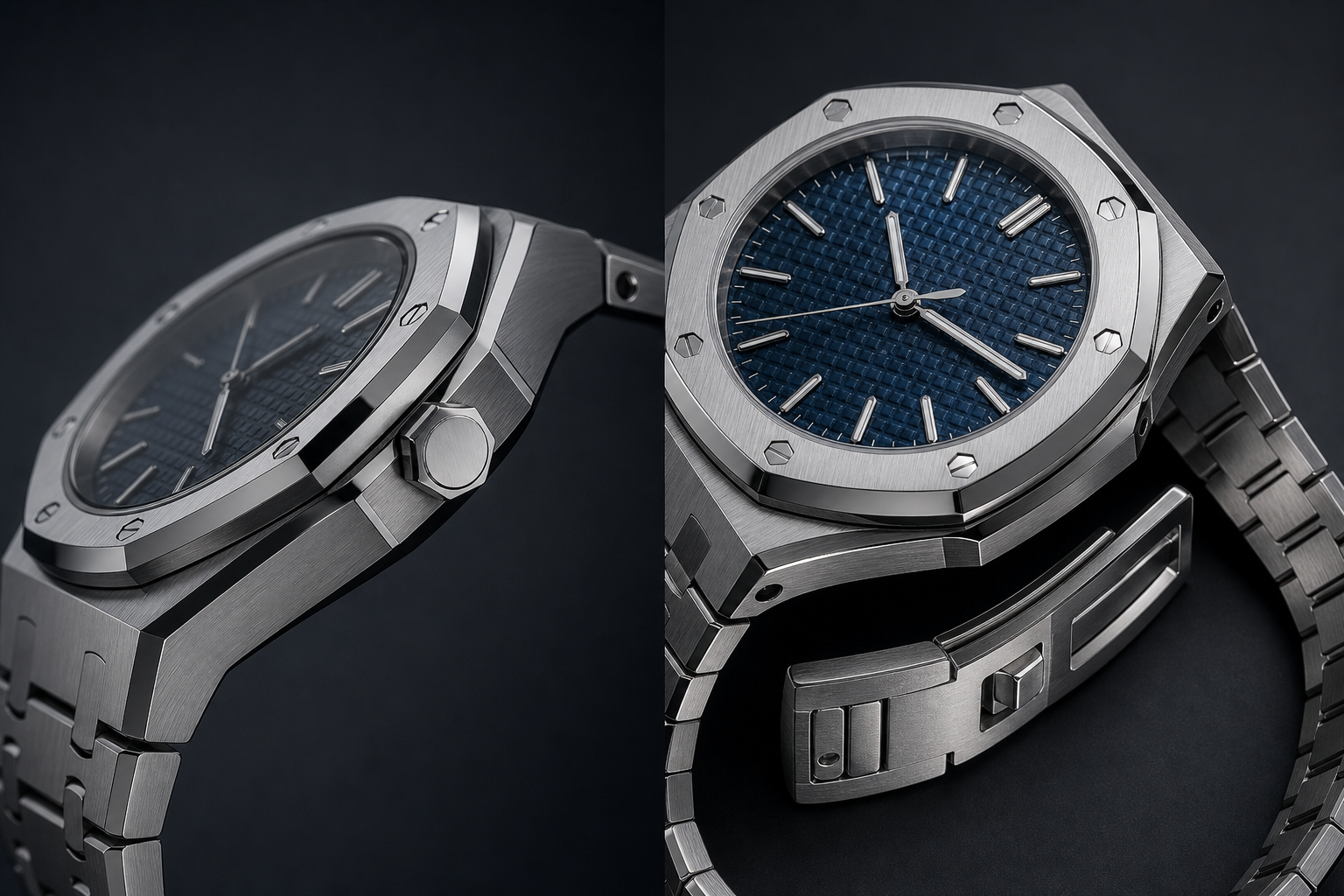 Side-by-side inspection view of Audemars Piguet Royal Oak replica case shape, bezel screws, tapisserie dial texture, and integrated bracelet fit