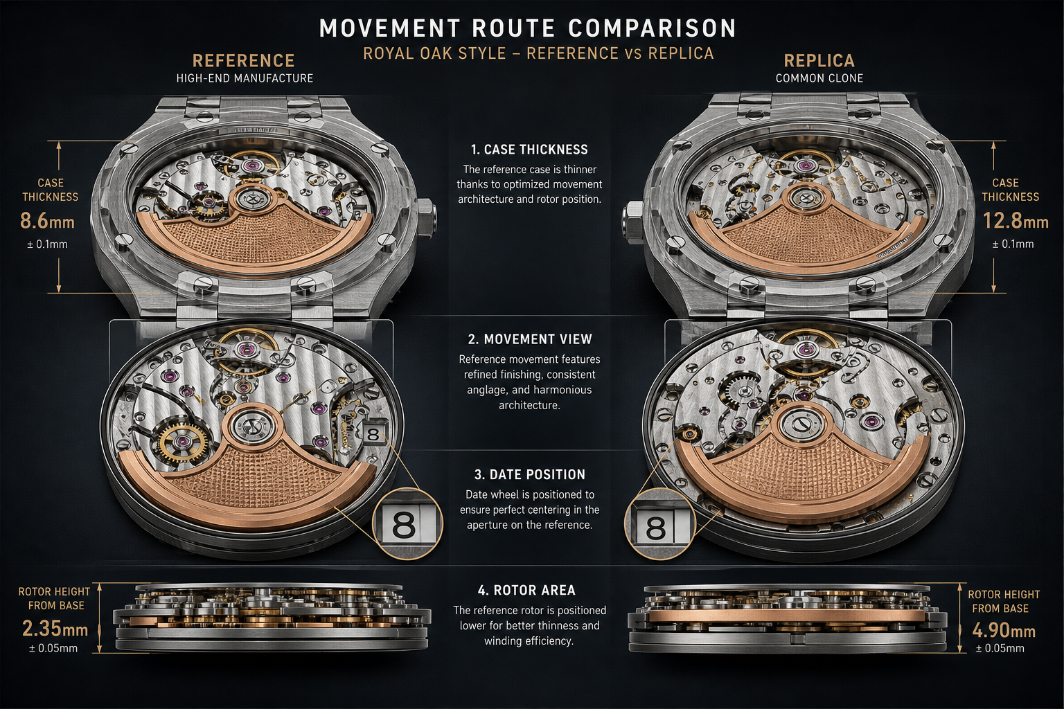 movement-route comparison showing AP Royal Oak replica case thickness, decorated movement view, date position, and rotor area