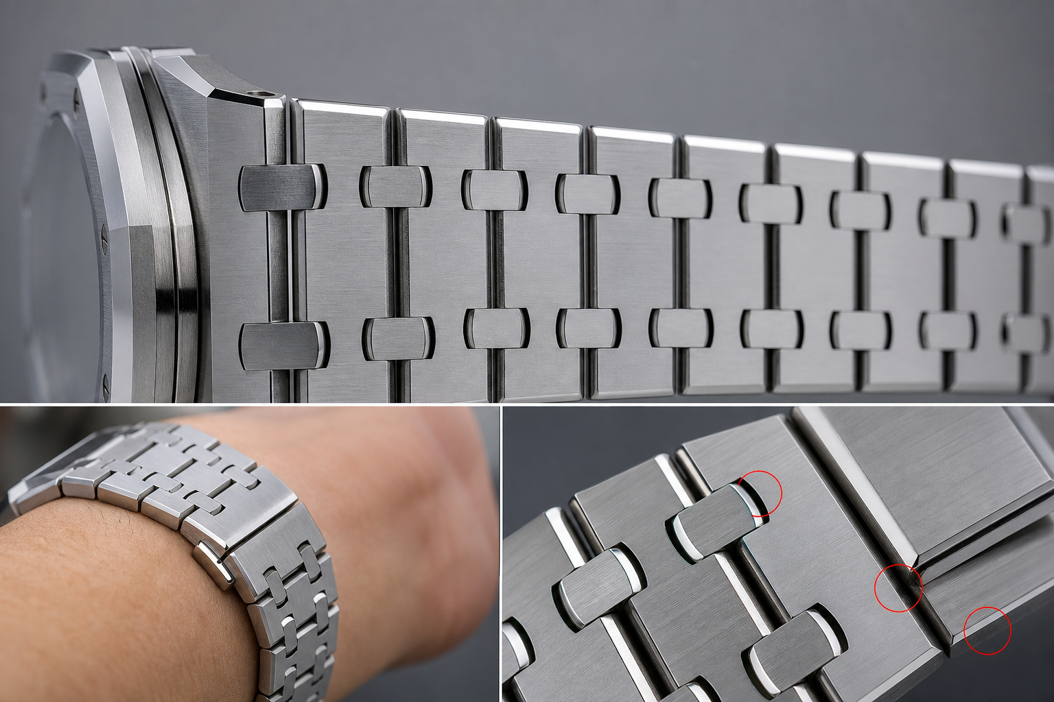 side and wrist view of a replica AP Royal Oak bracelet showing link articulation, brushed surfaces, polished bevels, clasp fit, and potential sharp edge areas