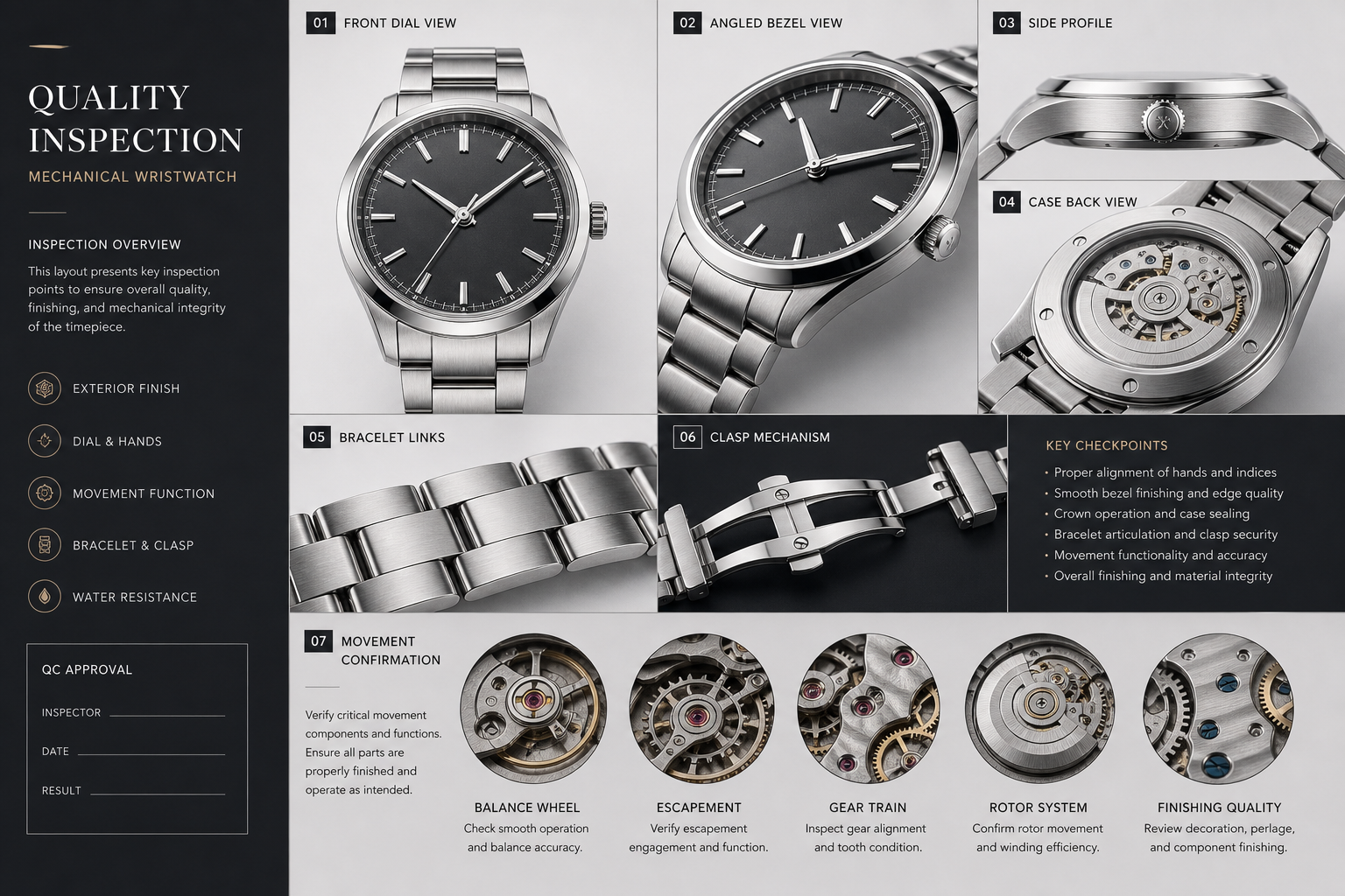 QC photo layout for a replica Audemars Piguet watch showing front dial, angled bezel, side profile, bracelet links, clasp, and movement confirmation points