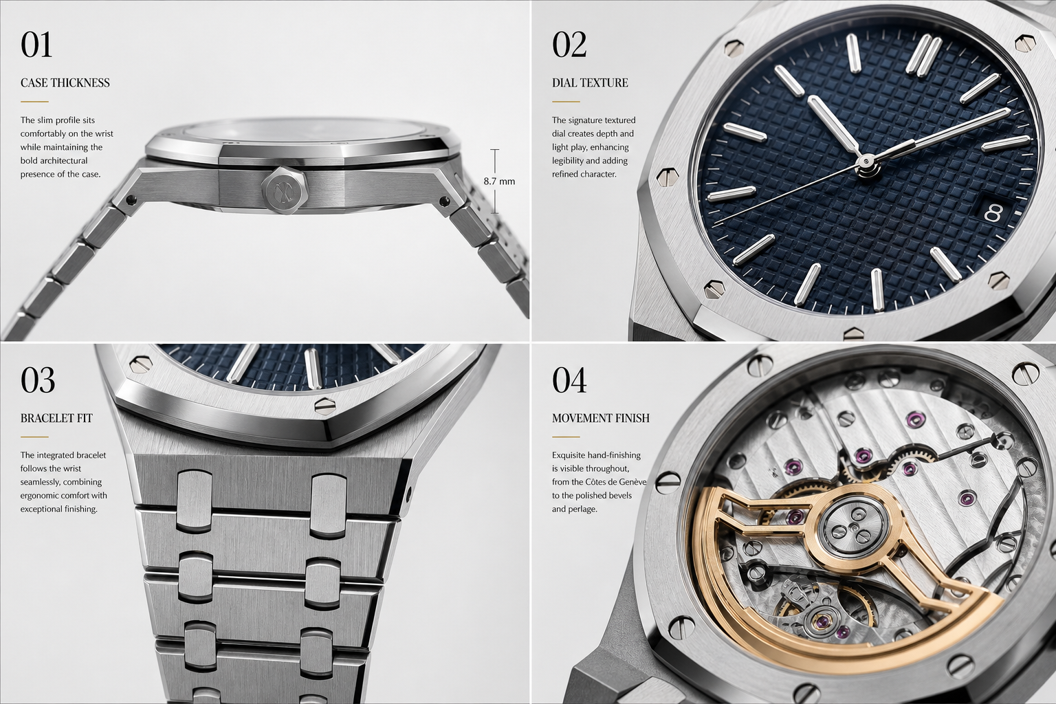 comparison-style layout showing older AP replica case thickness, dial texture, bracelet fit, and movement decoration points under neutral lighting