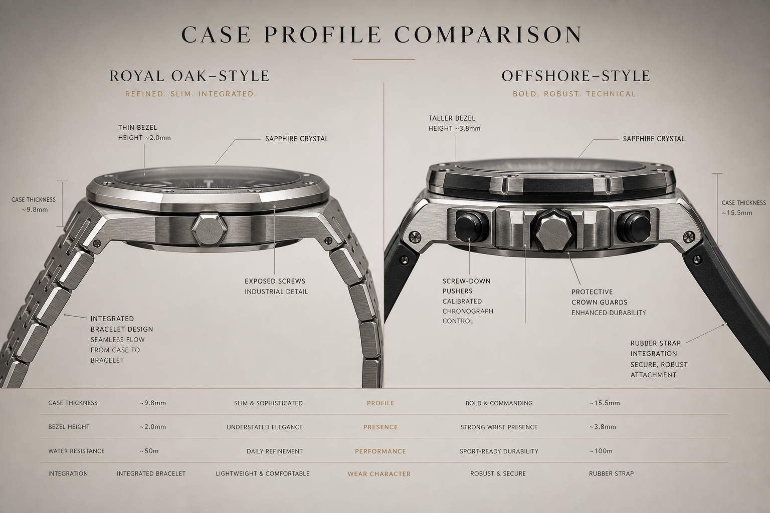 side profile comparison of AP-style Royal Oak and Offshore replica cases showing thickness, bezel height, pusher layout, and bracelet or strap integration