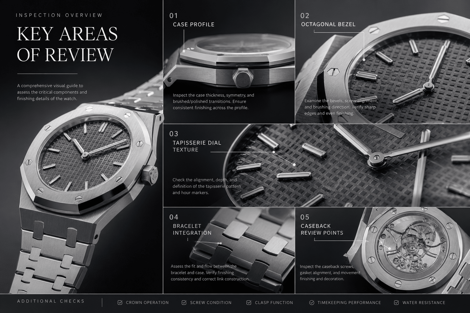 AP super clone inspection overview showing case profile, octagonal bezel, tapisserie dial, bracelet integration, and caseback review points