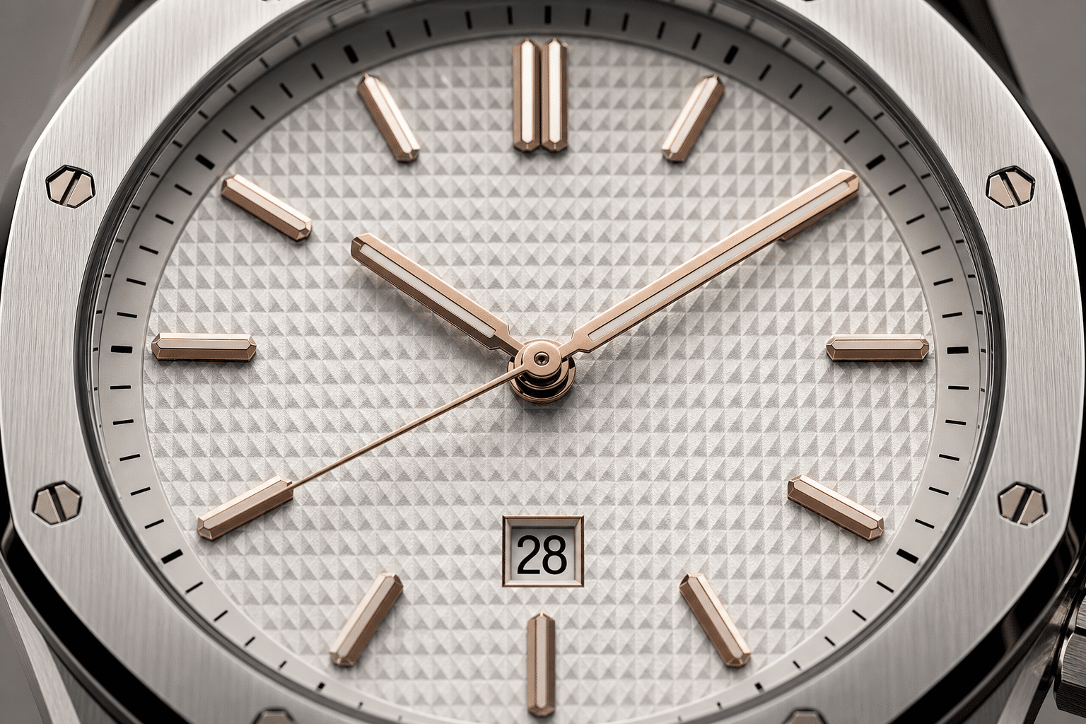 close-up AP replica dial QC view showing tapisserie texture, logo placement, hour marker alignment, hand position, and date window centering