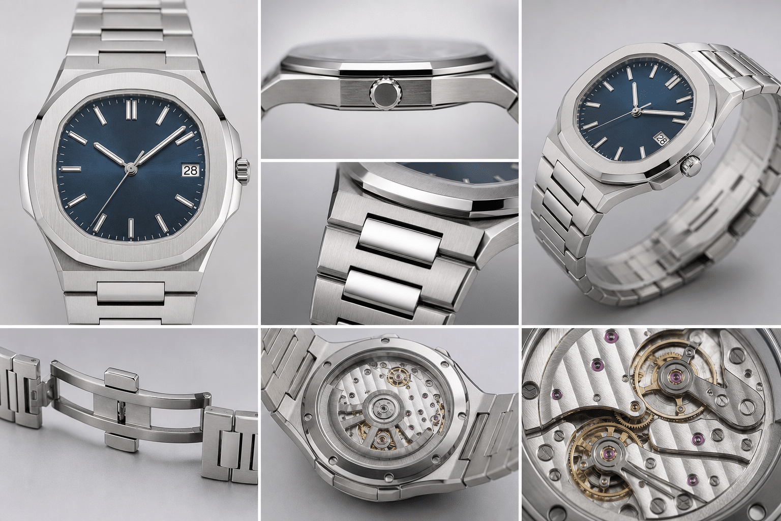 AP replica QC photo layout showing front dial, side profile, bracelet integration, clasp, caseback, and movement confirmation views