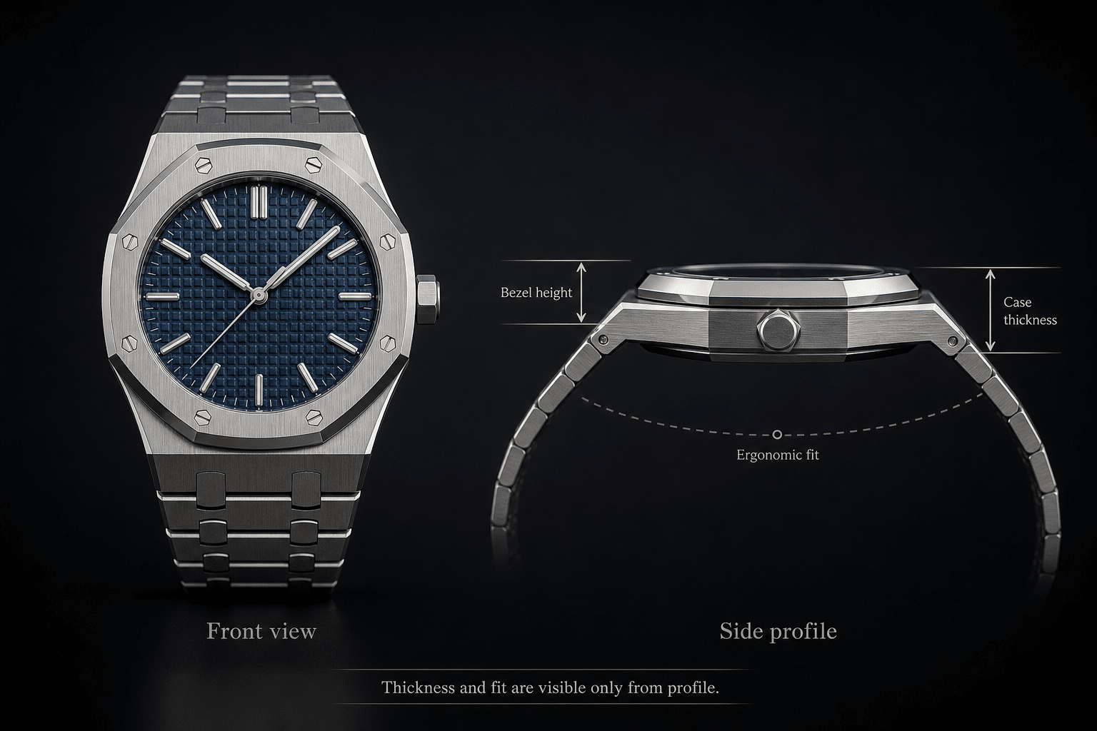 front and side comparison of an AP-style super clone showing why case thickness and bracelet fit cannot be judged from dial photos alone