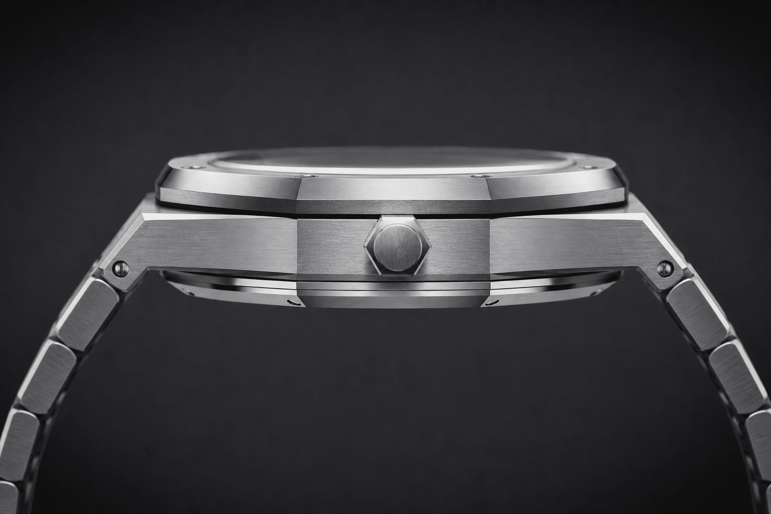 side profile view of an AP-style replica watch showing case thickness, bezel height, caseback depth, and integrated bracelet transition