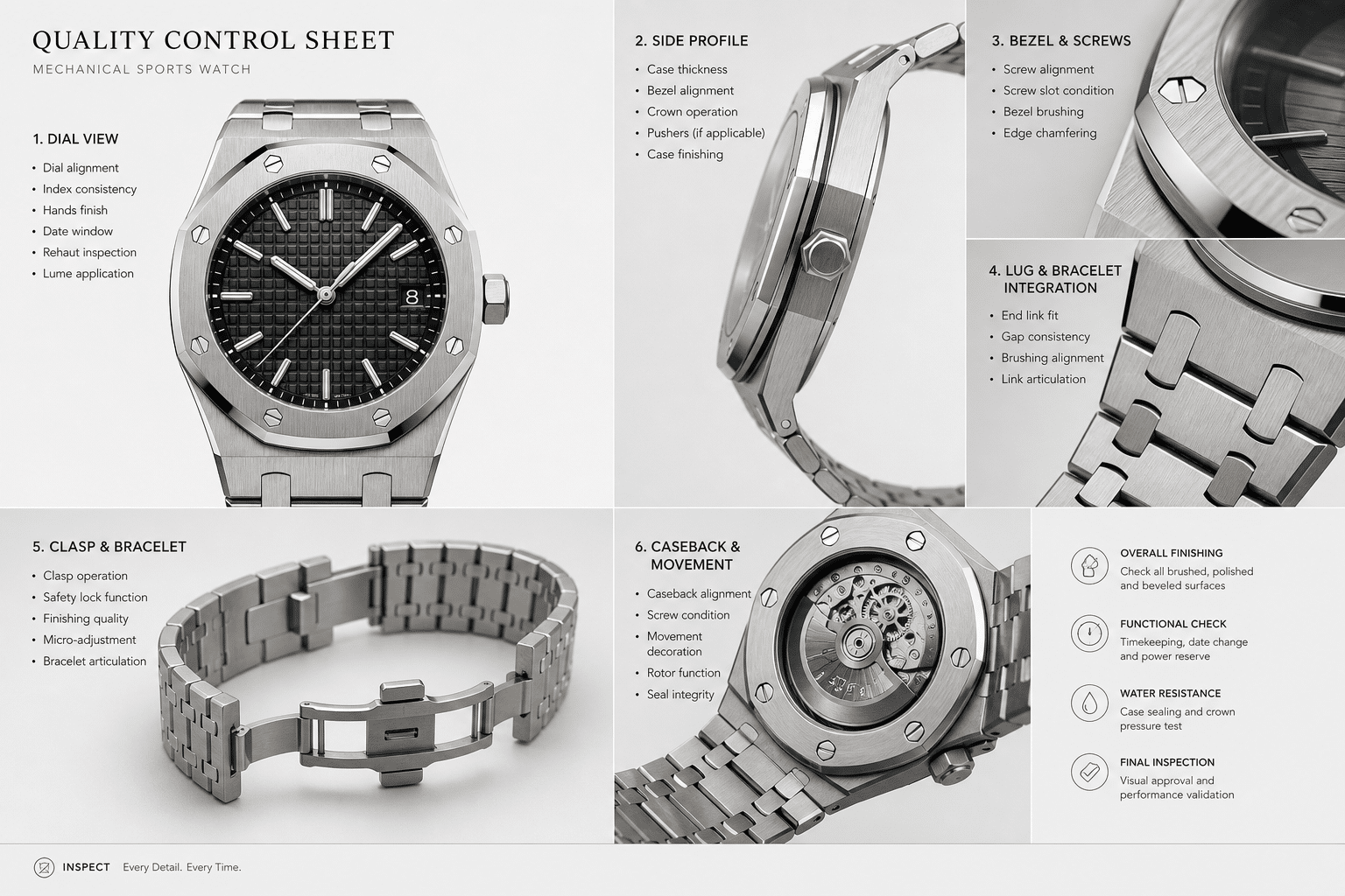 AP super clone QC photo layout showing straight dial view, side profile, bezel screws, bracelet integration, clasp, and caseback inspection points