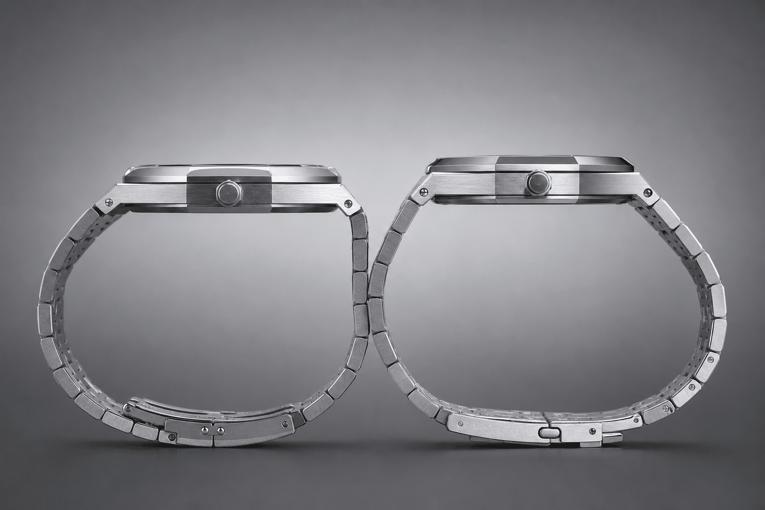 side profile comparison of an AP-style replica case showing thickness, octagonal bezel shape, bracelet integration, and clasp fit under neutral lighting