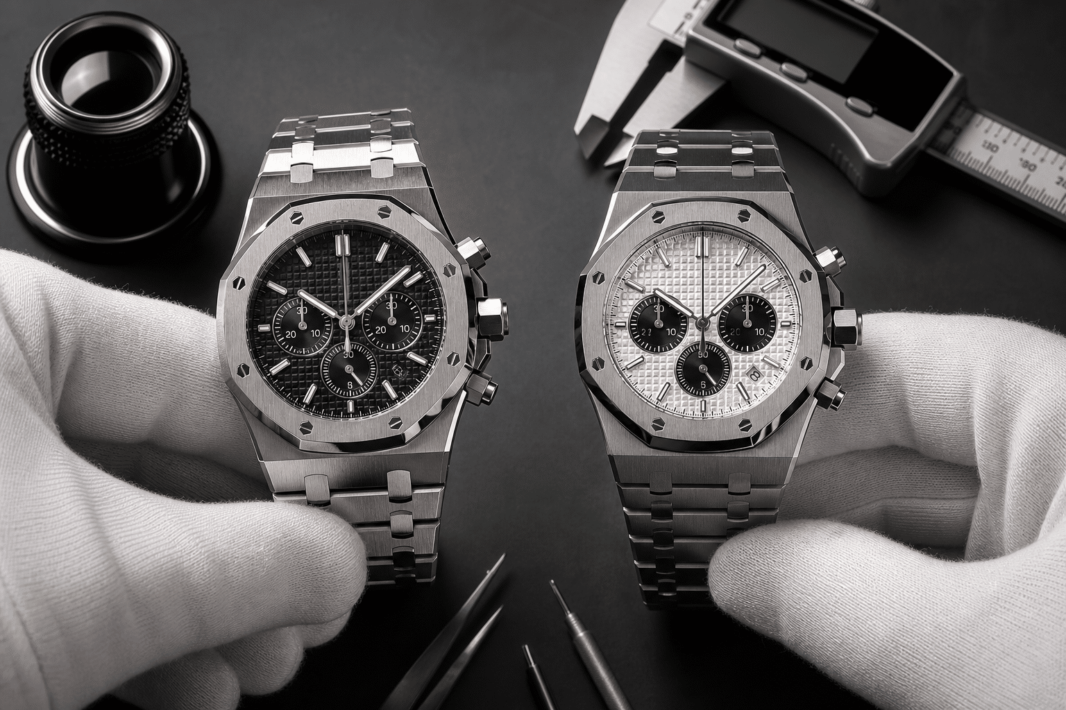 AP-style Royal Oak and Offshore replica inspection comparison showing bezel screws, dial texture, case thickness, chronograph subdials, and bracelet fit