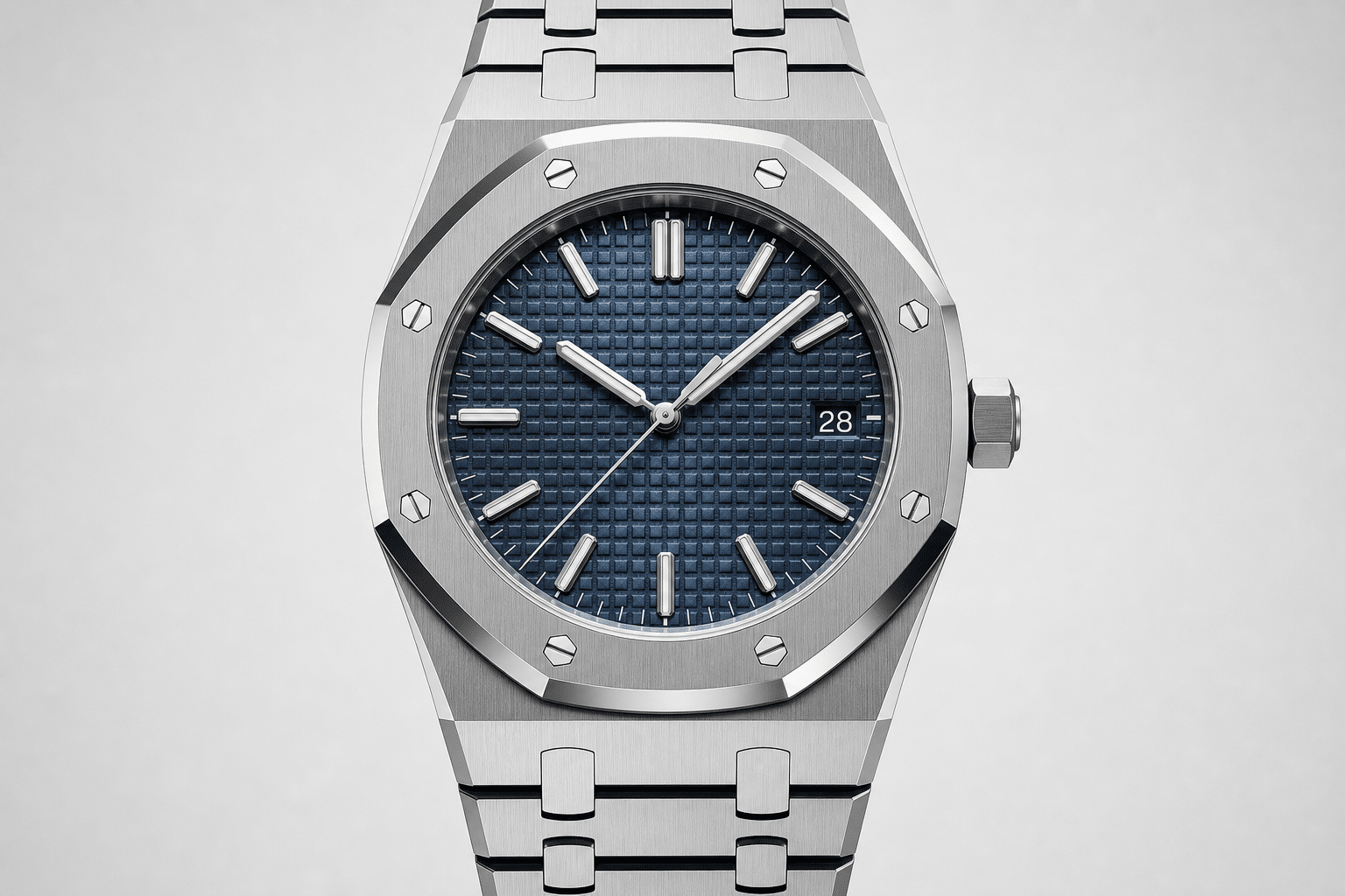 straight front view of an AP-style replica watch showing octagonal bezel symmetry, screw positions, tapisserie dial grid, and date window alignment