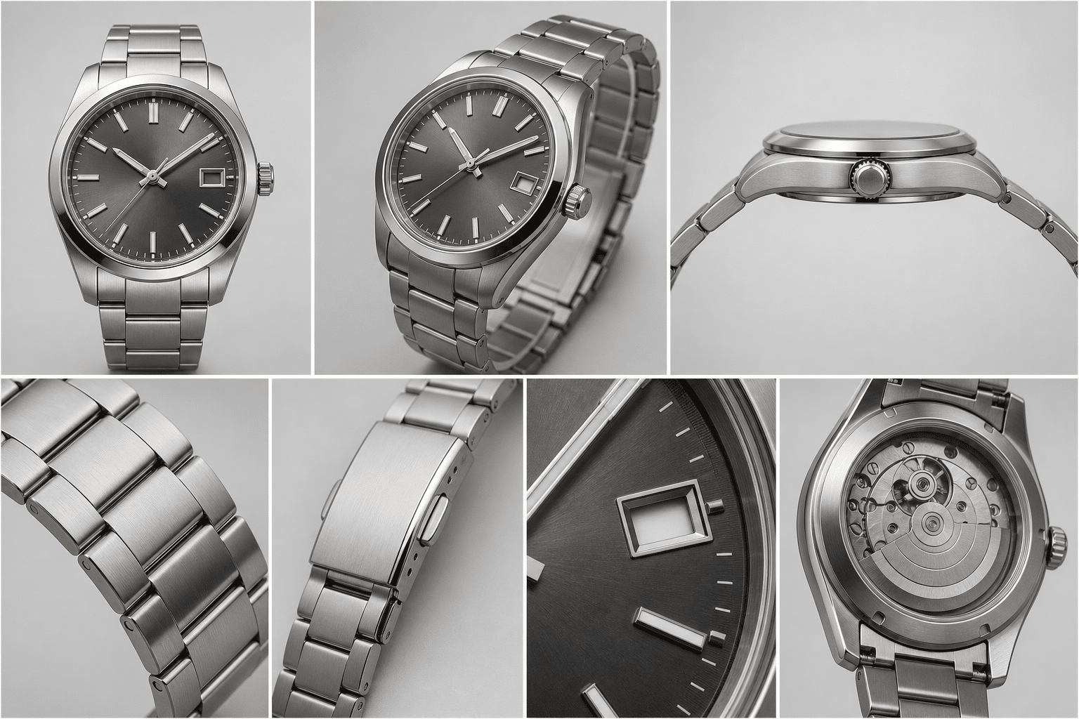 AP replica QC photo layout showing straight front, angled front, side profile, bracelet close-up, clasp, date window, and caseback inspection views