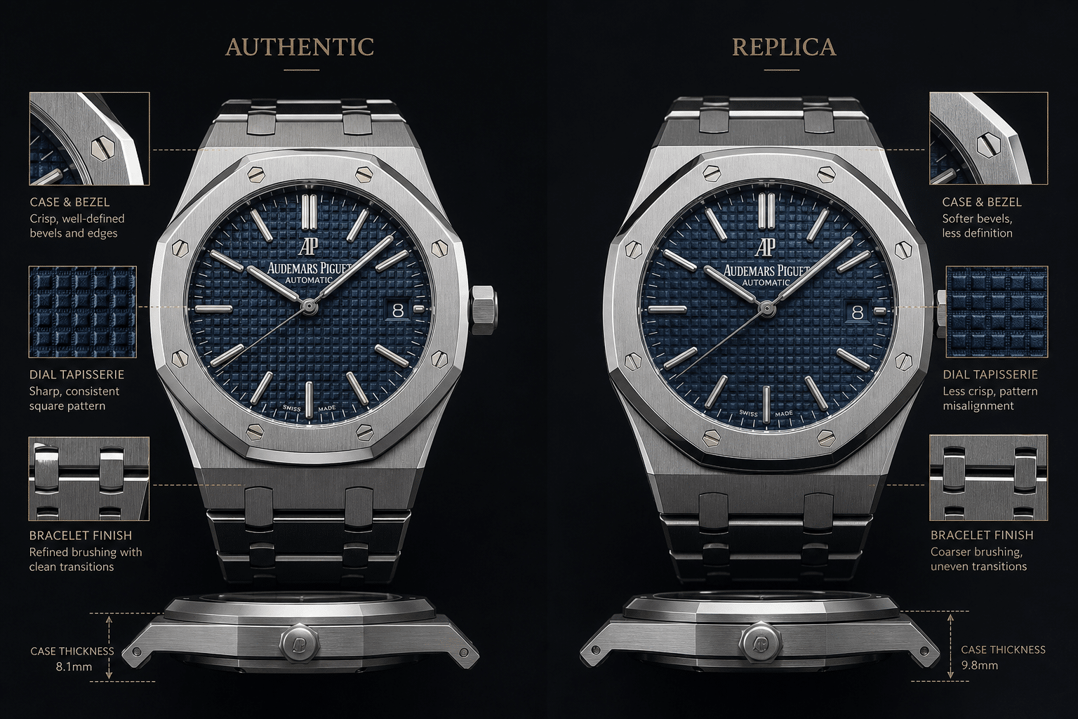 side-by-side AP replica quality comparison showing Royal Oak case bevels, bracelet finishing, dial texture, and case thickness differences