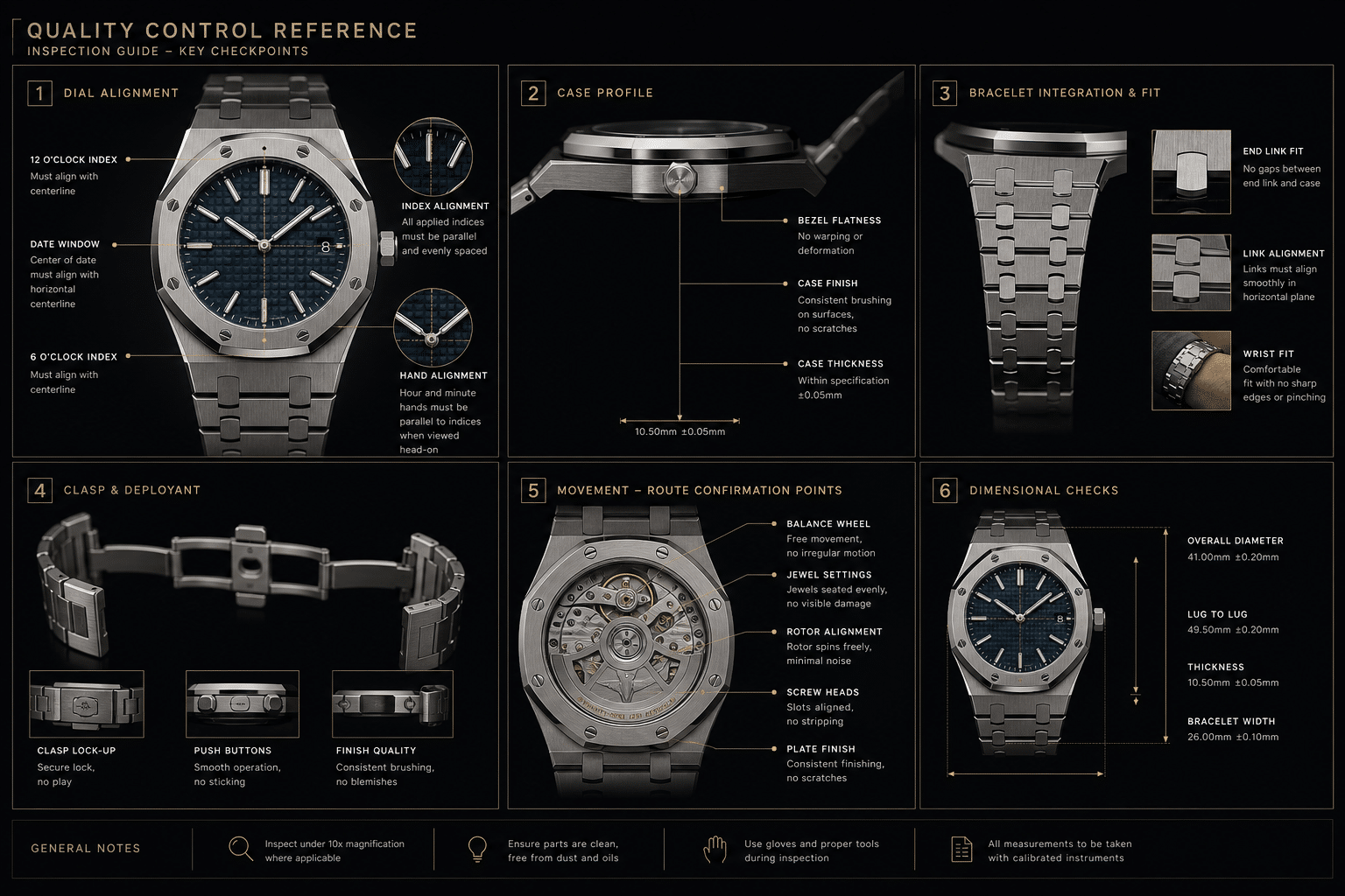 AP replica QC photo layout showing front dial alignment, side case profile, bracelet fit, clasp detail, and movement route confirmation points