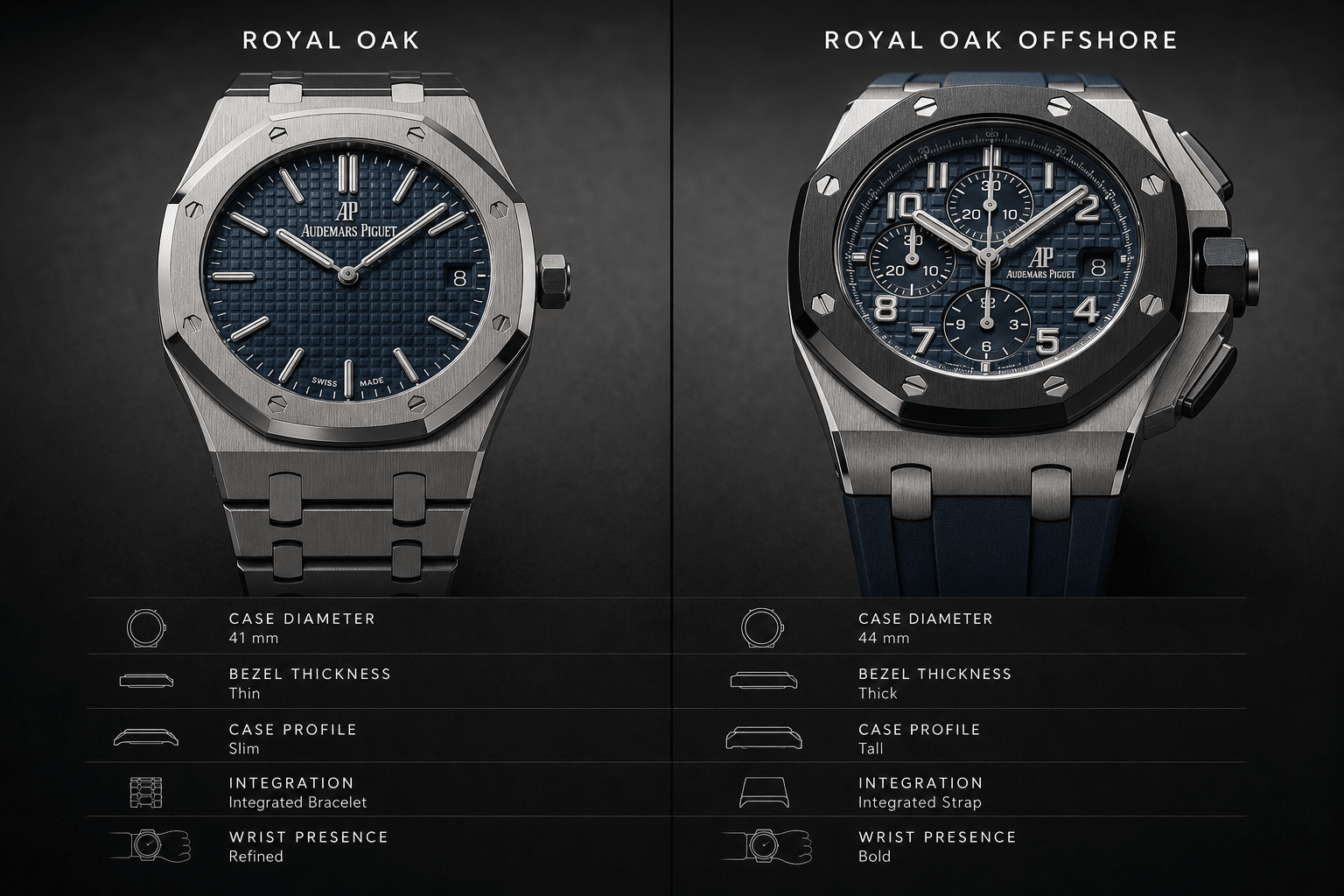 side-by-side visual comparison of Royal Oak and Royal Oak Offshore replica case shape, bezel size, bracelet or strap integration, and overall wrist presence