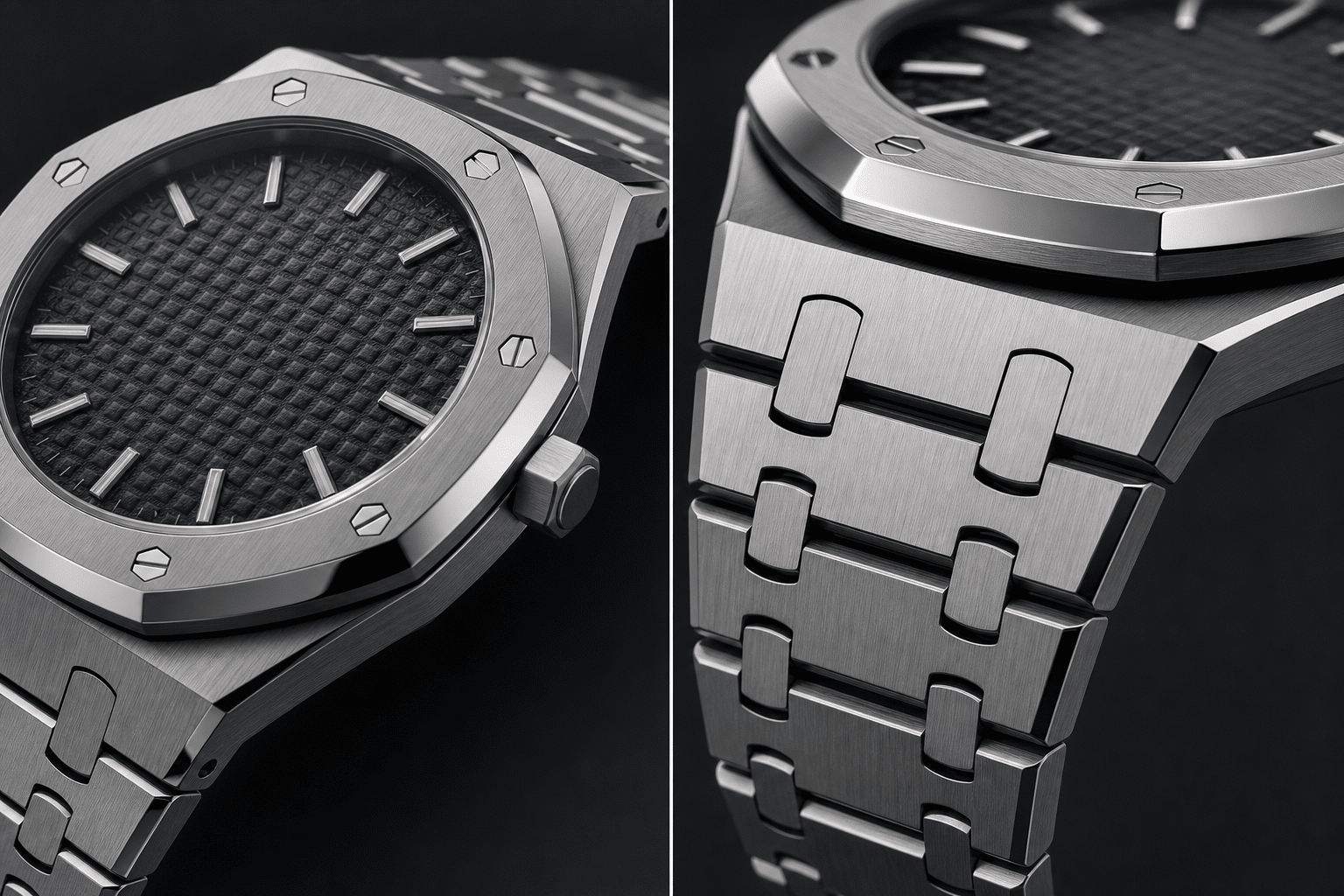 close-up comparison of AP Royal Oak replica bezel brushing, polished bevels, dial texture, screw alignment, and integrated bracelet finishing