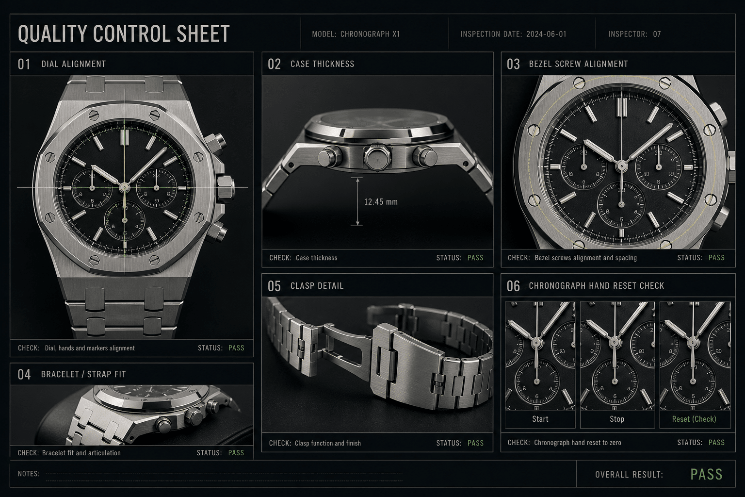 AP replica QC photo layout showing front dial alignment, side case thickness, bezel screws, bracelet or strap fit, clasp, and chronograph hand reset checks