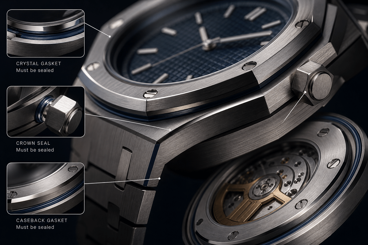 AP replica watch pressure testing concept showing case, crown, caseback, and crystal gasket areas that must be sealed before water exposure