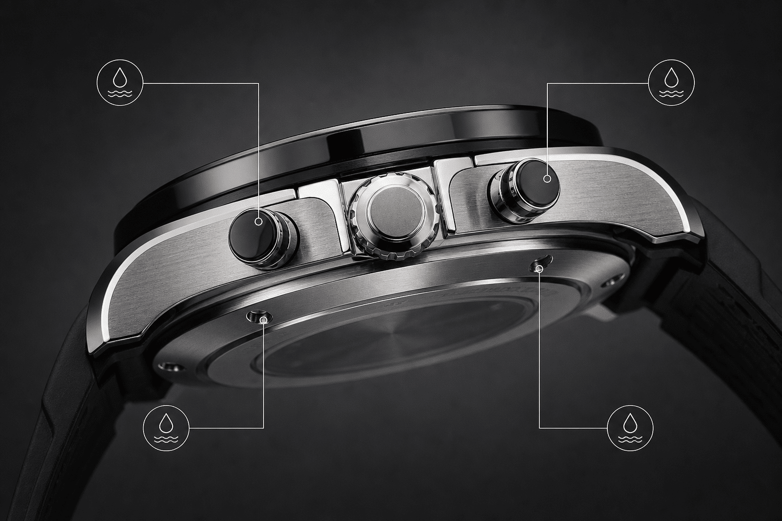 side view of an AP Offshore-style replica case showing chronograph pushers, crown area, caseback edge, and major water entry risk points