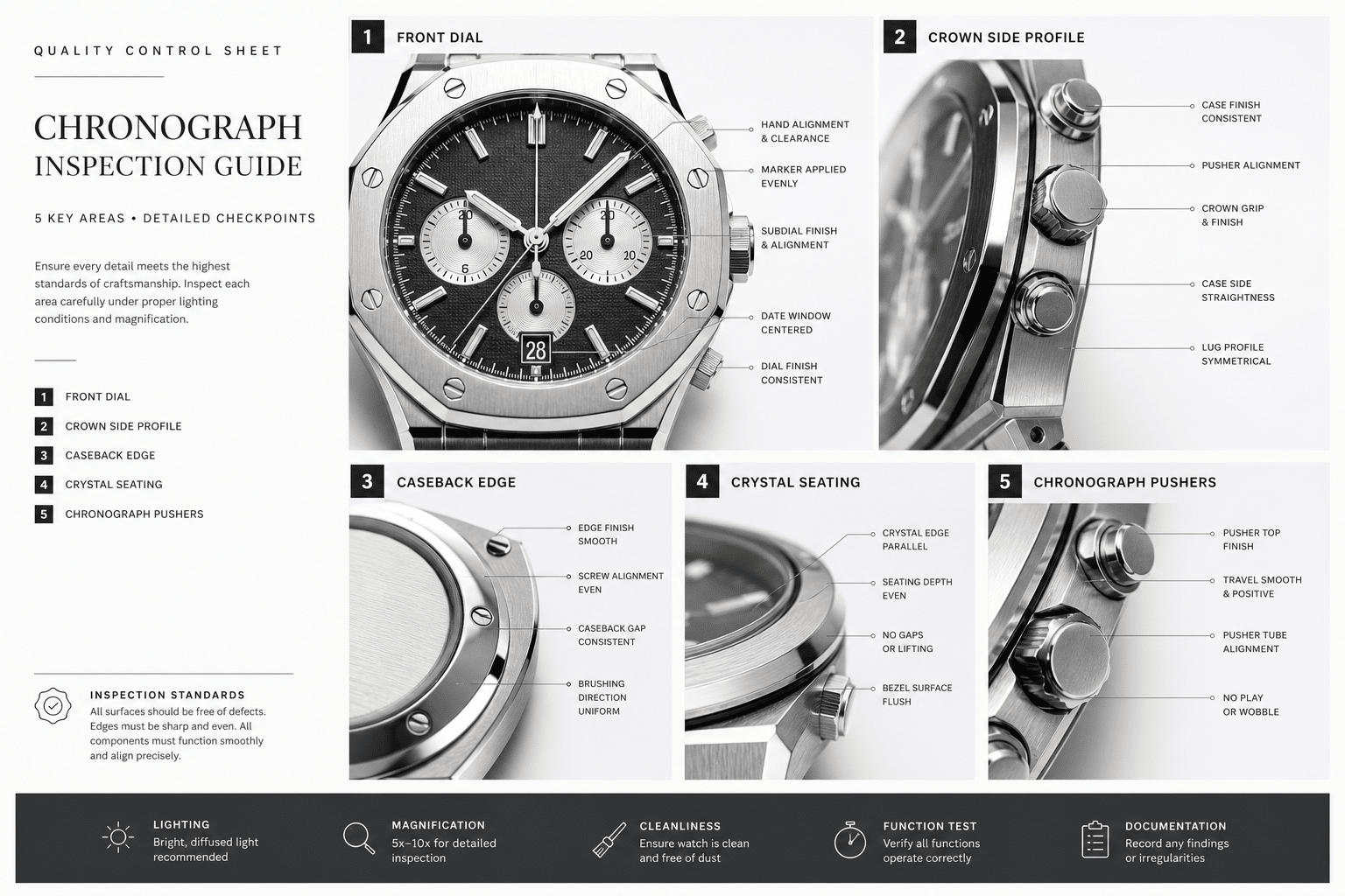 QC photo layout for an AP replica showing front dial, crown side, caseback edge, crystal seating, and chronograph pusher inspection points