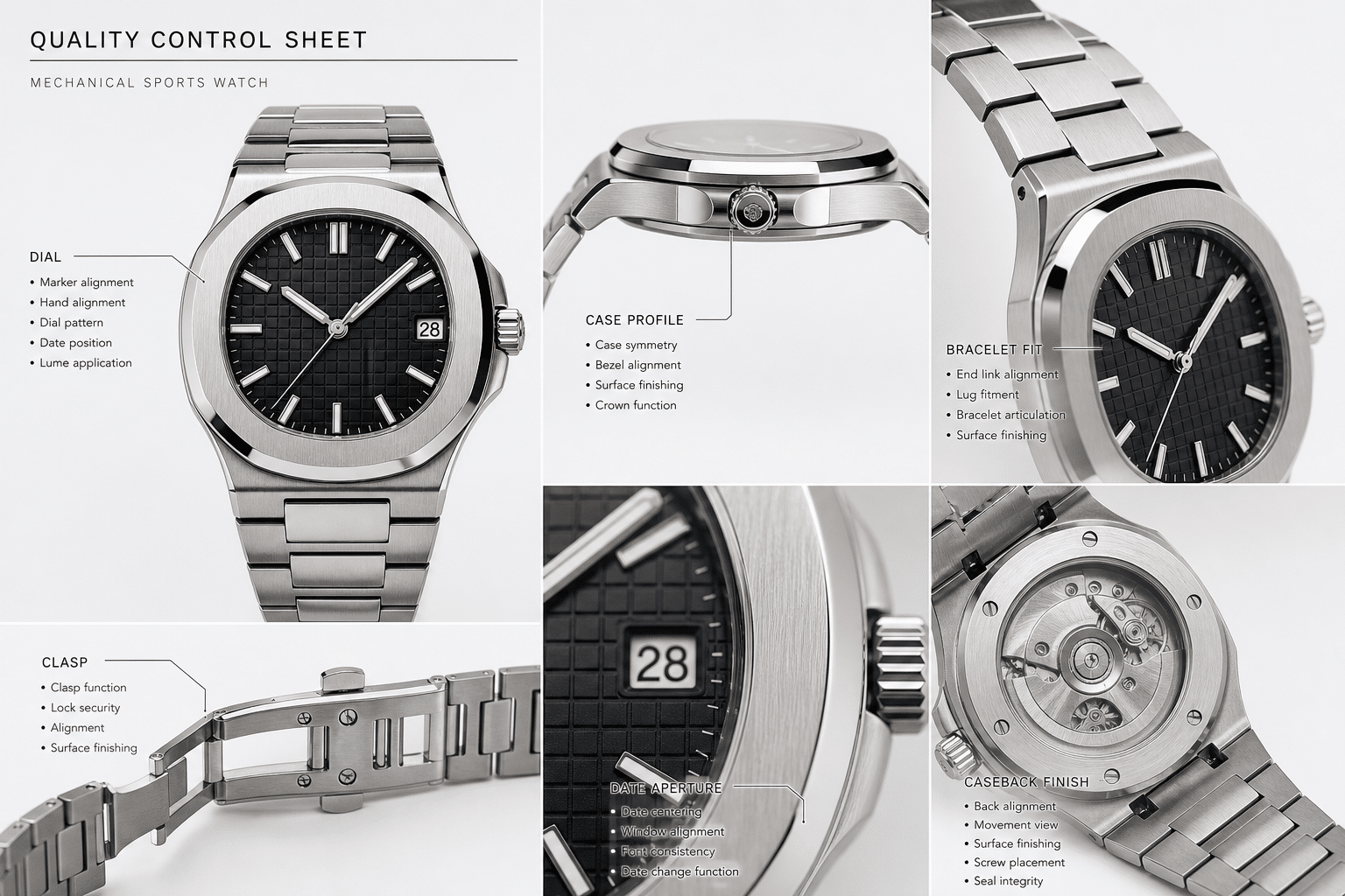 QC photo layout for an AP-style super clone showing front dial, side profile, bracelet integration, clasp, date window, and caseback verification points