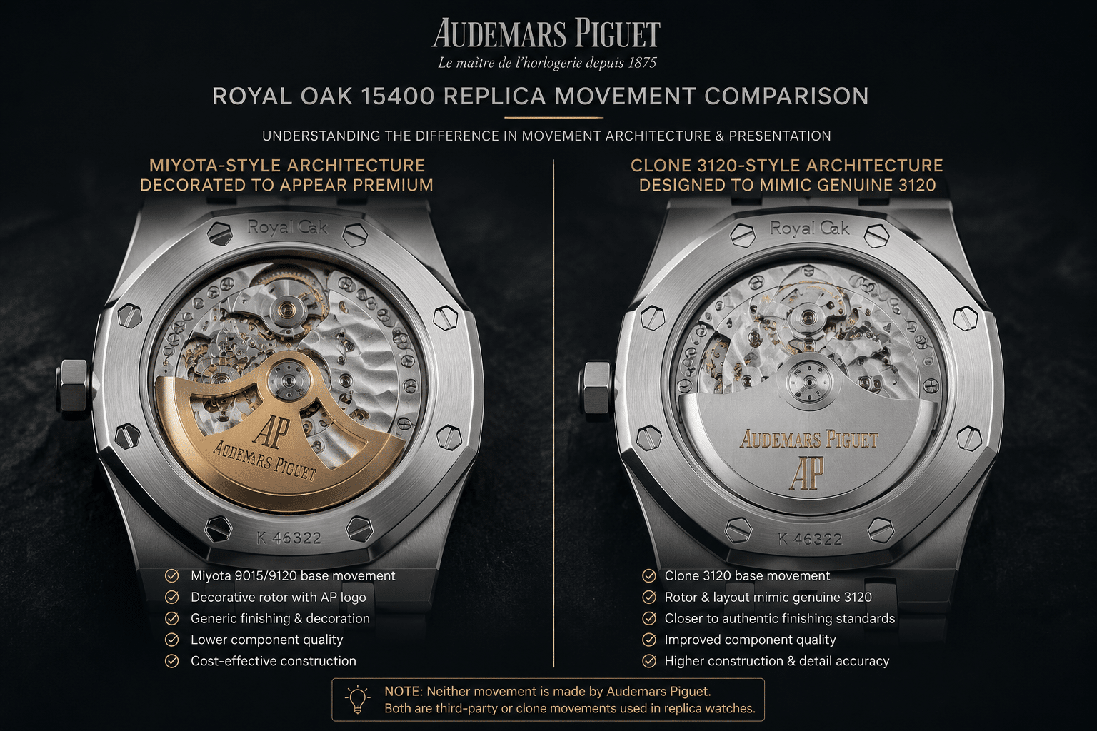 side-by-side educational comparison of Royal Oak 15400 replica movement layouts showing decorated Miyota-style architecture versus clone 3120-style caseback presentation