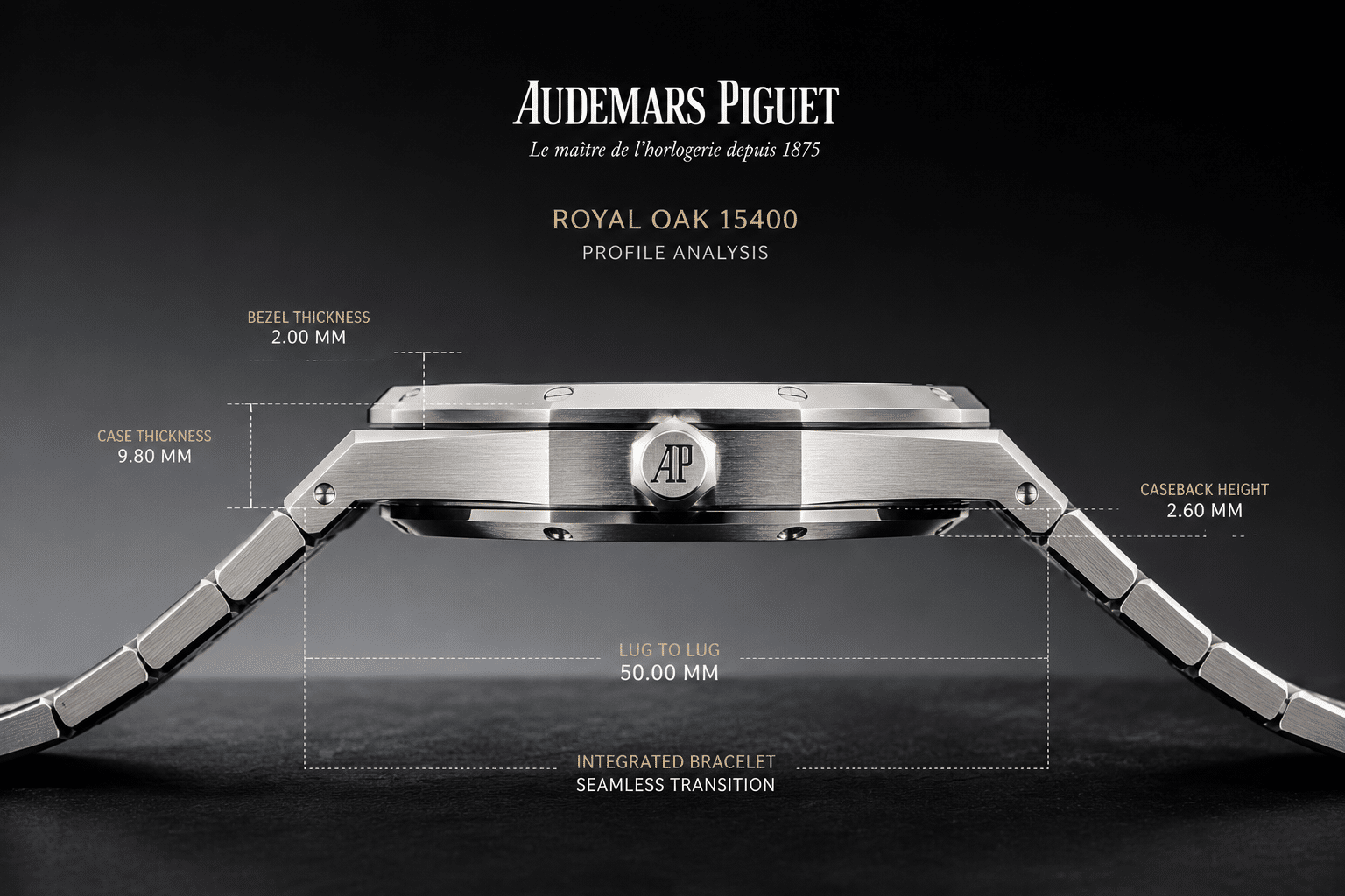 side profile view of an AP Royal Oak 15400 replica showing case thickness, caseback height, bezel profile, and integrated bracelet transition