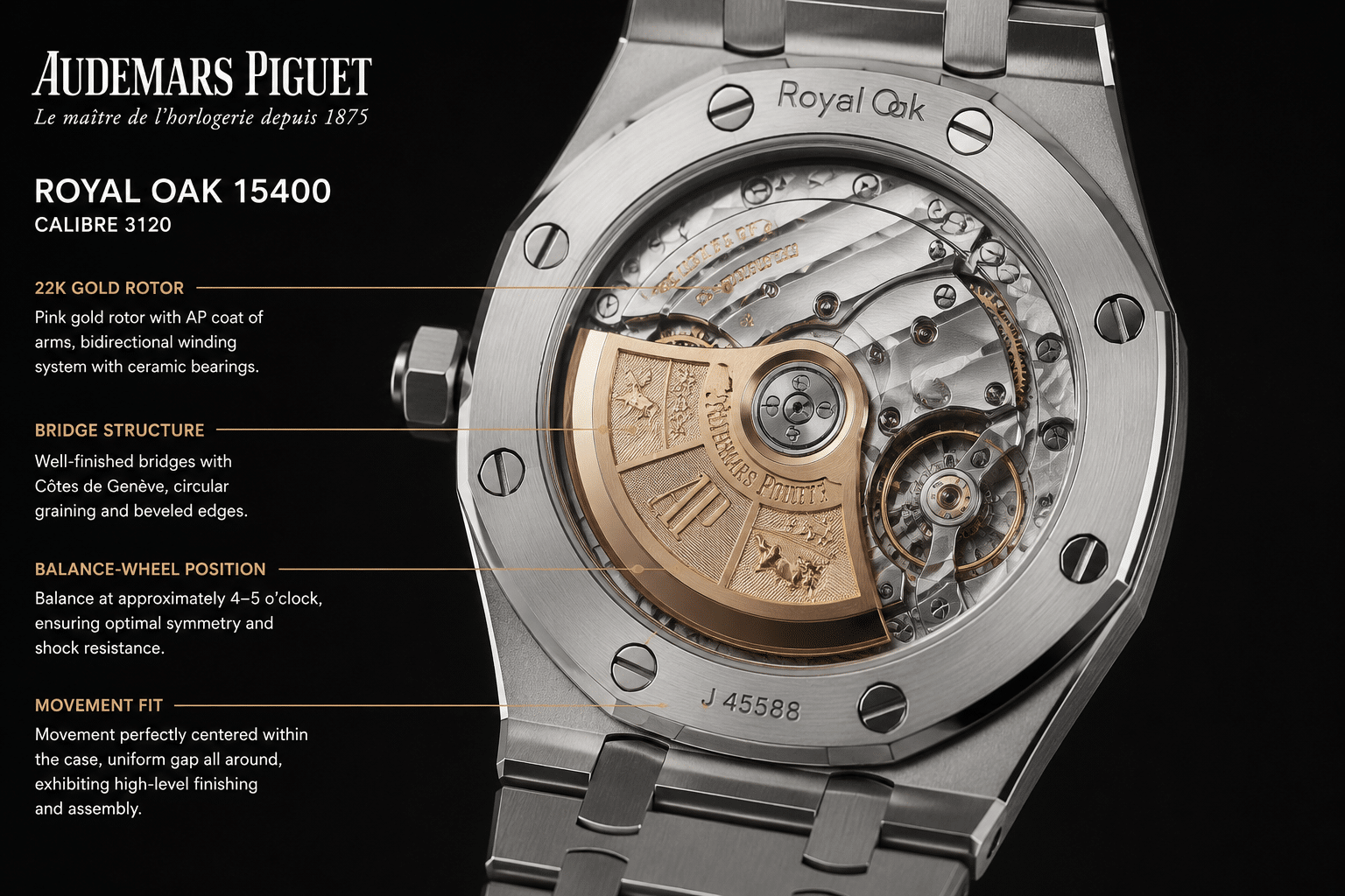 QC-style caseback photo of an AP Royal Oak 15400 replica highlighting rotor layout, bridge structure, balance-wheel position, and movement fit