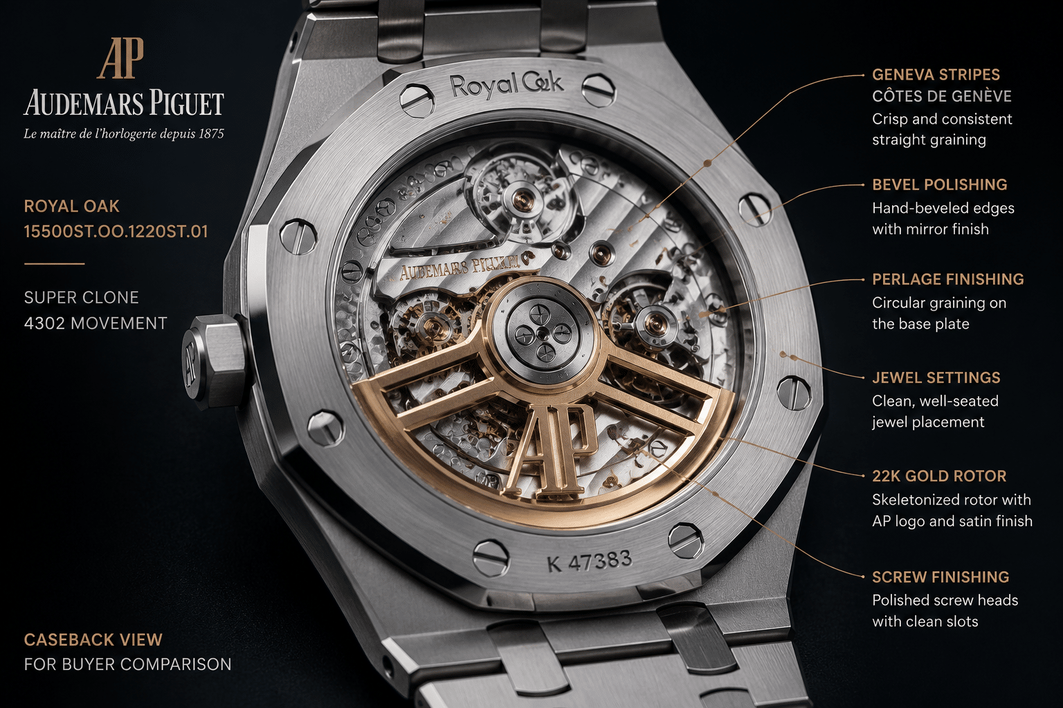 close-up view of an AP Royal Oak 15500 super clone caseback showing a 4302-style movement rotor, bridge decoration, and visible finishing areas for buyer comparison