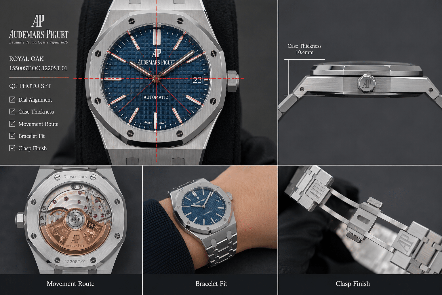 AP Royal Oak 15500 replica QC photo set showing front dial alignment, side case thickness, display caseback movement route, bracelet fit, and clasp finish