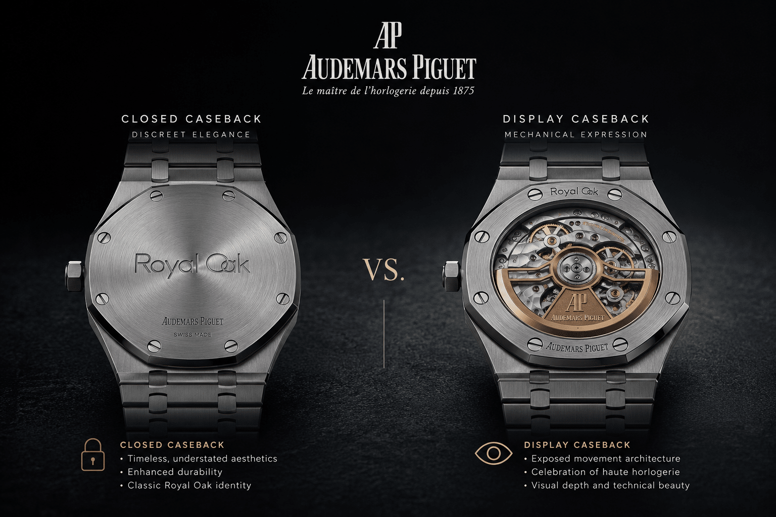 comparison concept showing an AP replica with a closed caseback beside an AP replica with a display caseback where movement architecture is more exposed