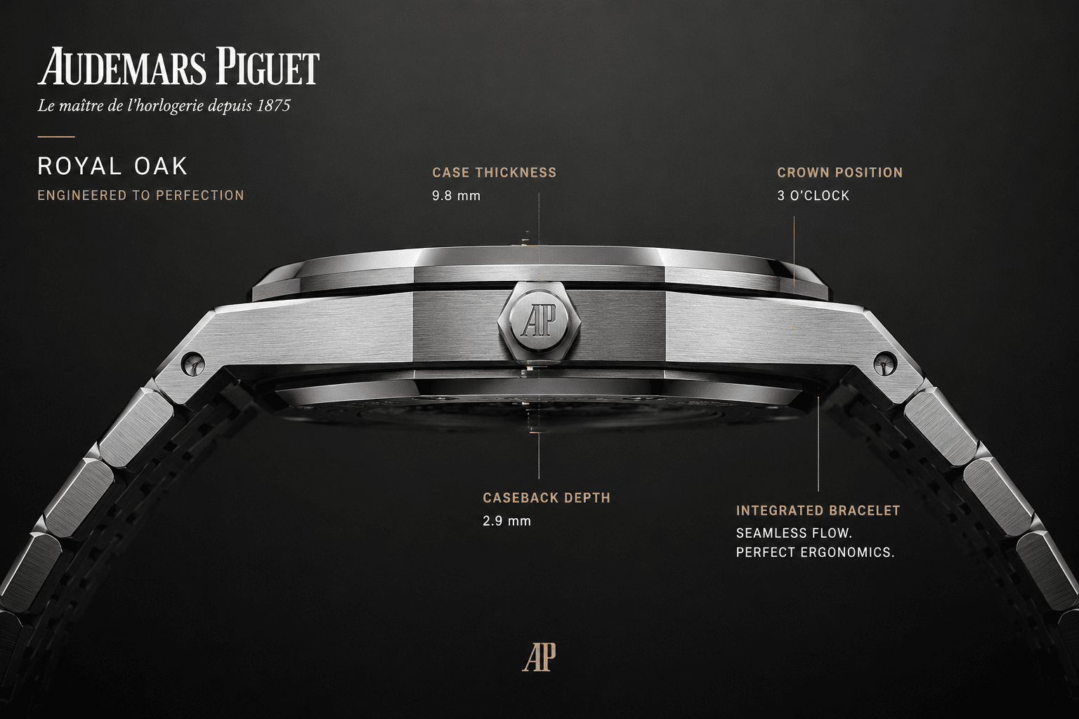 side profile view of AP Royal Oak-style replica watches showing case thickness, crown position, caseback depth, and bracelet integration