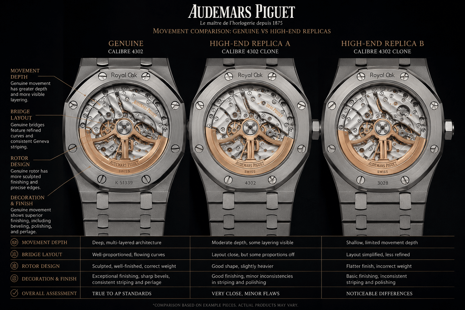 QC-style display caseback comparison showing decorated movement plates, rotor shape, bridge layout, and visible movement-depth differences in AP replicas