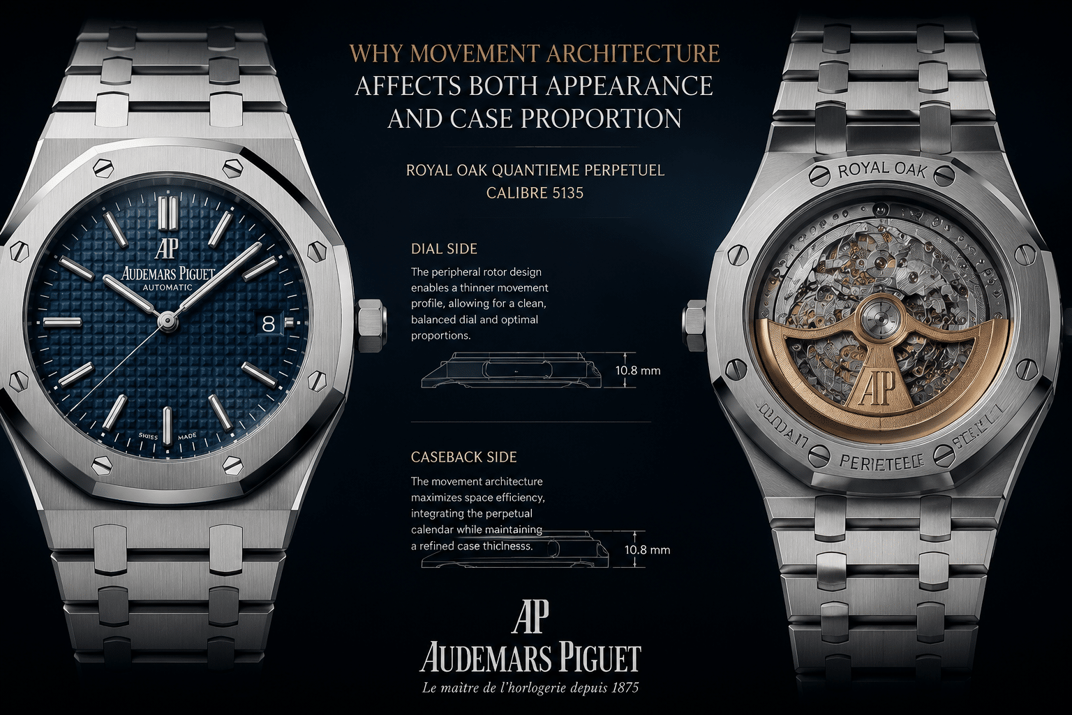 AP Royal Oak 26240 replica shown from dial side and caseback side to illustrate why movement architecture affects both appearance and case proportion