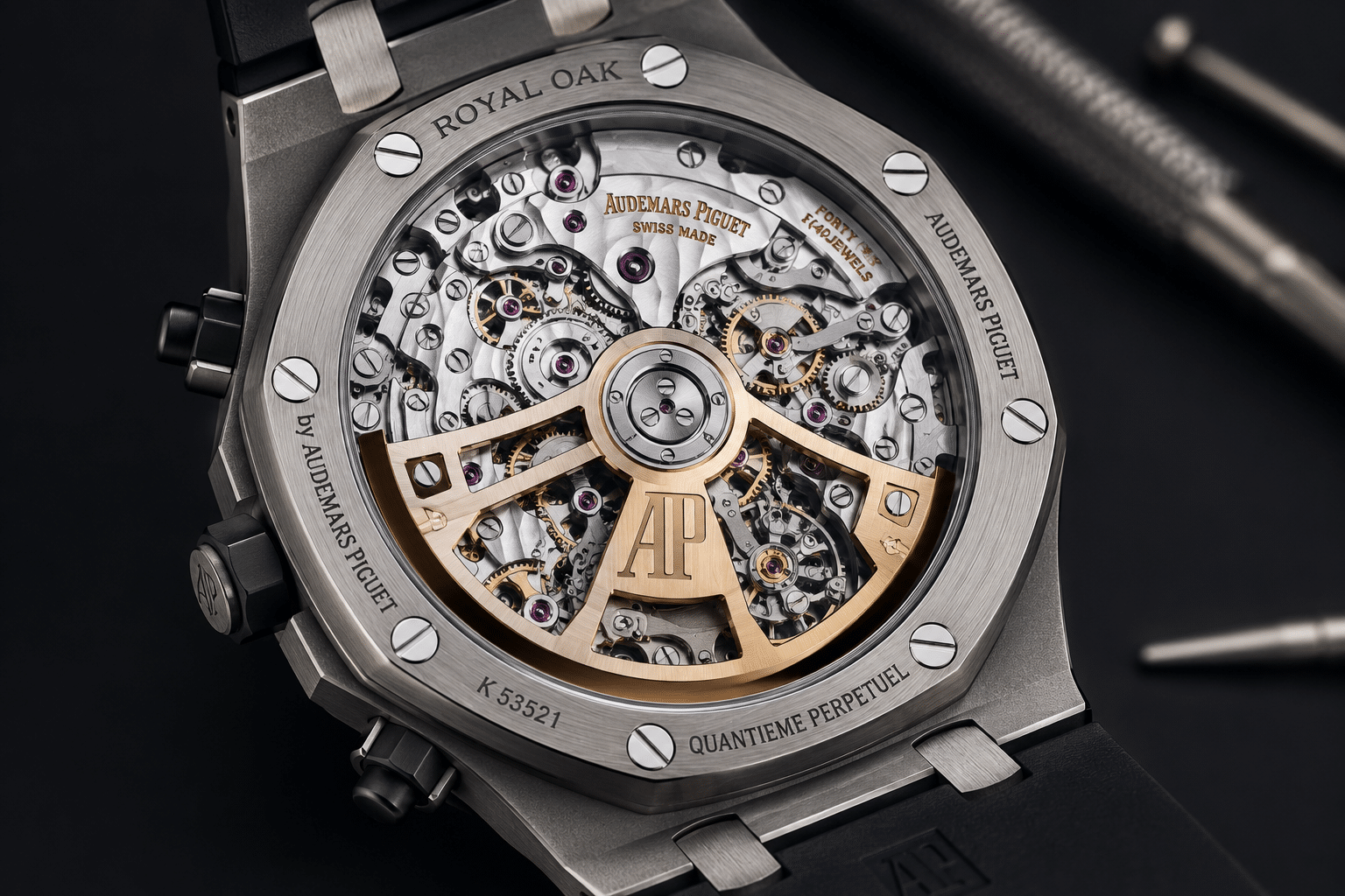 caseback view of an AP 26240-style replica movement showing bridge layout, rotor shape, and visible chronograph complexity for buyer evaluation