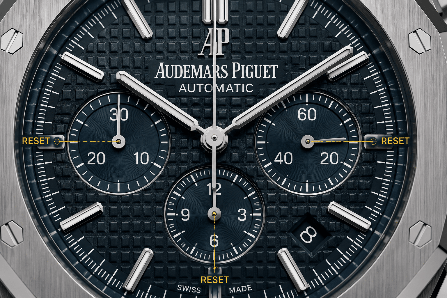 close-up view of an AP chronograph replica dial showing central chronograph hand, subdials, and reset alignment points under neutral lighting